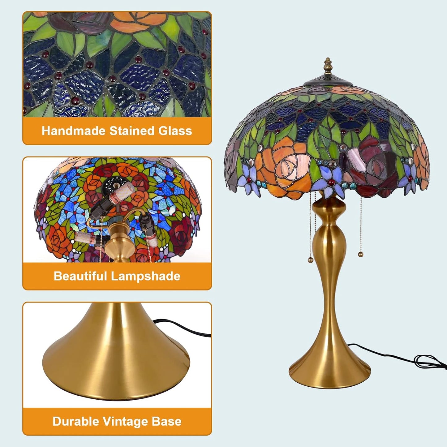 Tiffany Table Lamp Handmade Stained Glass Desk Lamps Gifts Iron Art Base 16" Wide 24" Tall Double Color Roses Style Vintage Reading Lamp for Office, Living Room, Bedroom, Study Room