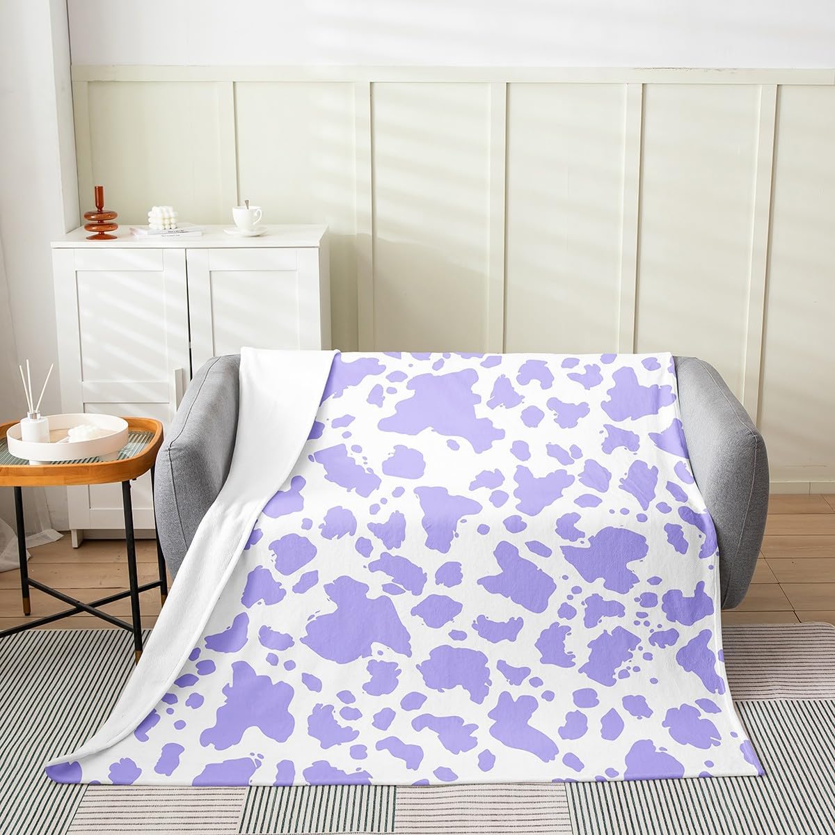 Feelyou Cow Print Plush Throw Blanket Throw 50"x60" Kids Purple White Flannel Fleece Blanket for Sofa Couch Boys Girls Teens Cartoon Milk Cow All Season for Bed Animal Farmhouse