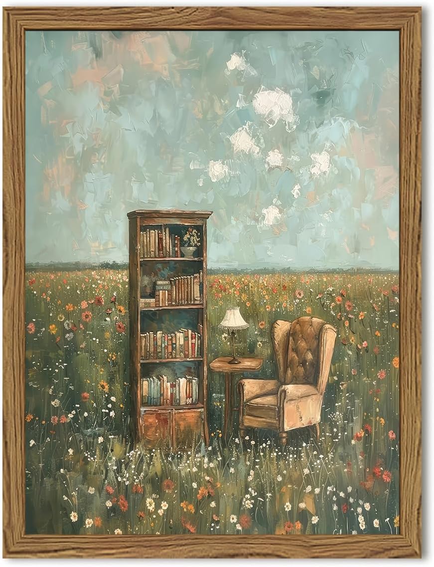 Vintage Whimsical Book Lover Wall Art, Impressionist Flower Field Painting Decor, Rustic Book Nook Canvas Prints, Bookish Gifts French Country Artwork for Bedroom Living Room 10x8 inch Wood Framed