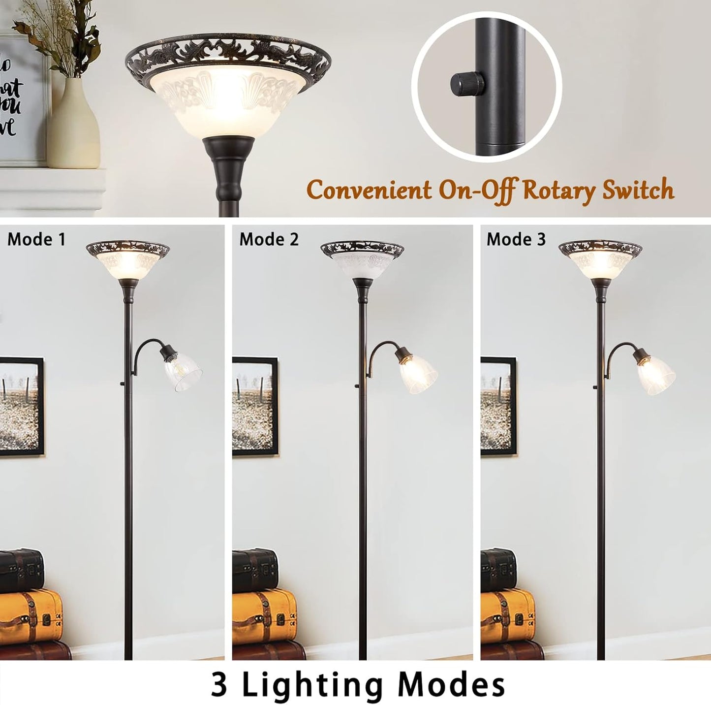 Floor Lamps for Living Room, 70" Floor Lamp Standing Torchiere Lamp with Etched Glass Shade, Metal Pole & Heavy Base, Vintage Tall Corner Lamp Decor for Bedroom, Living Room, Office. No Bulbs (2 Head)