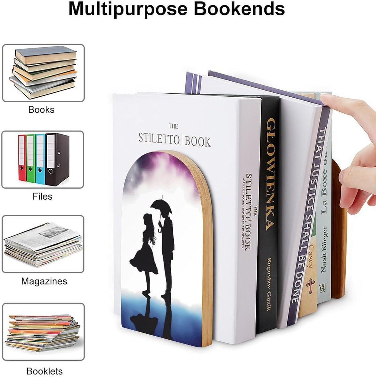 Non-Slip Bookend for Shelves Anime Lovers Silhouette Wooden Bookends with Metal Base Decorative Book Stopper for Home Heavy Duty Wood Book Storage for Books/CDs