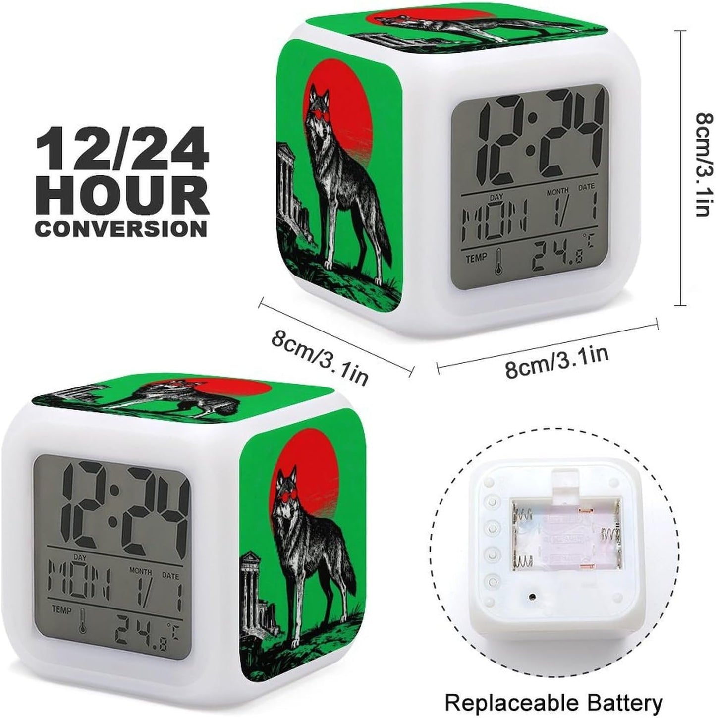Green Round Wolf 7 Color Changing LED Night Light Alarm Clock Compact 3.1" Cube with Time Date Temperature Display Battery-Powered Auto-Cycling Mood Light for Bedroom Dorm & Travel