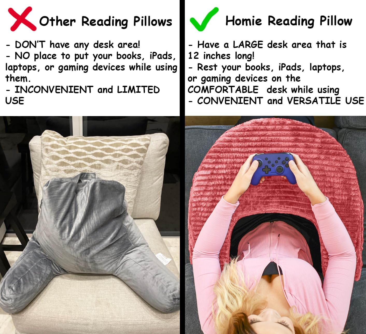 Homie 3-in-1 Reading Pillow for Gaming, Extra Large with Reading Light and Wrist Support Pillow, Memory Foam Lap Desk Bed Rest Pillow with Arm Rest, for Working, Playing Steam Deck Switch or Sitting