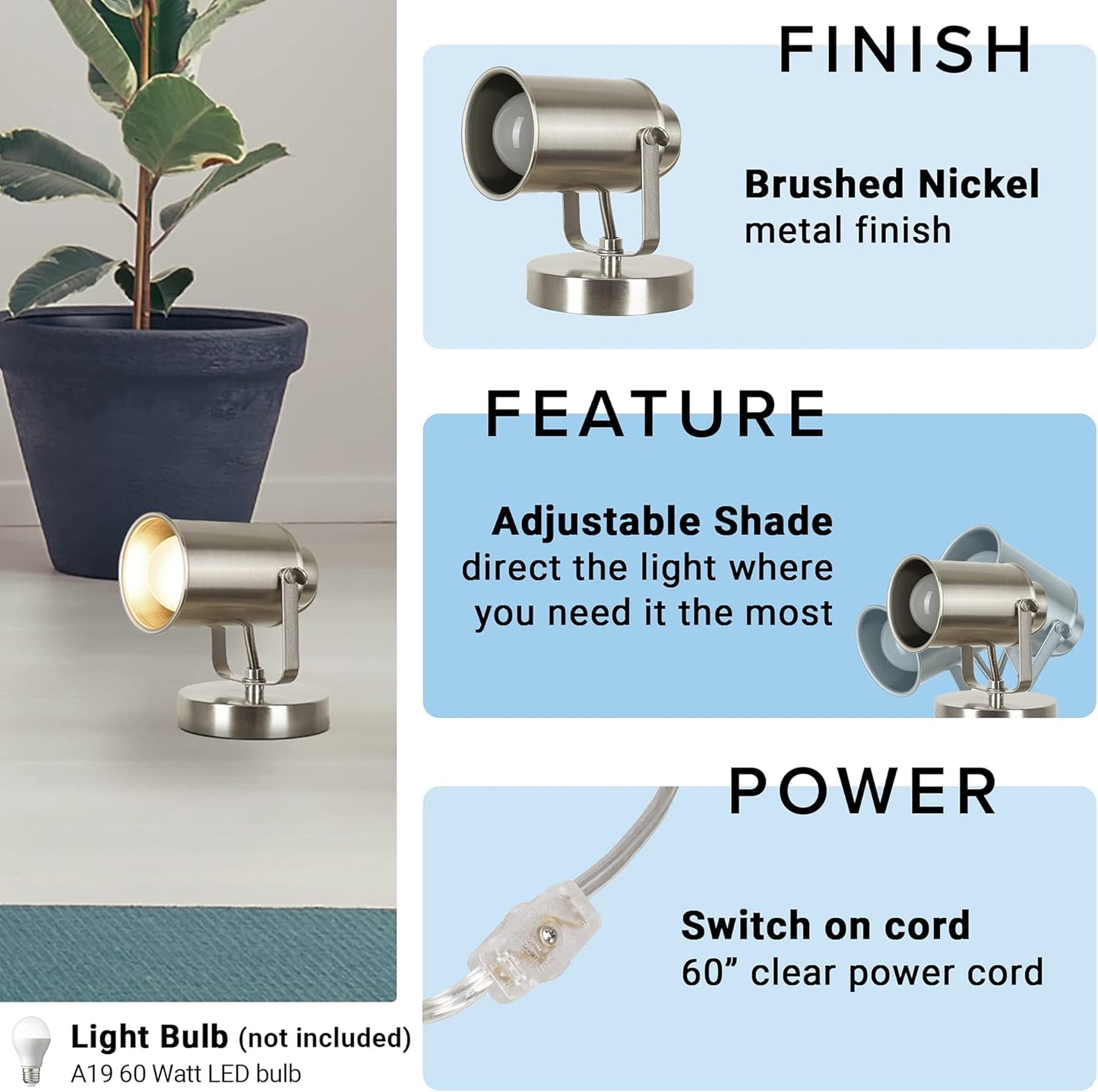 Catalina Lighting Modern Multipurpose Spotlight Desk or Wall Mount Accent Lamp, 6", Brushed Nickel, Pack of 1