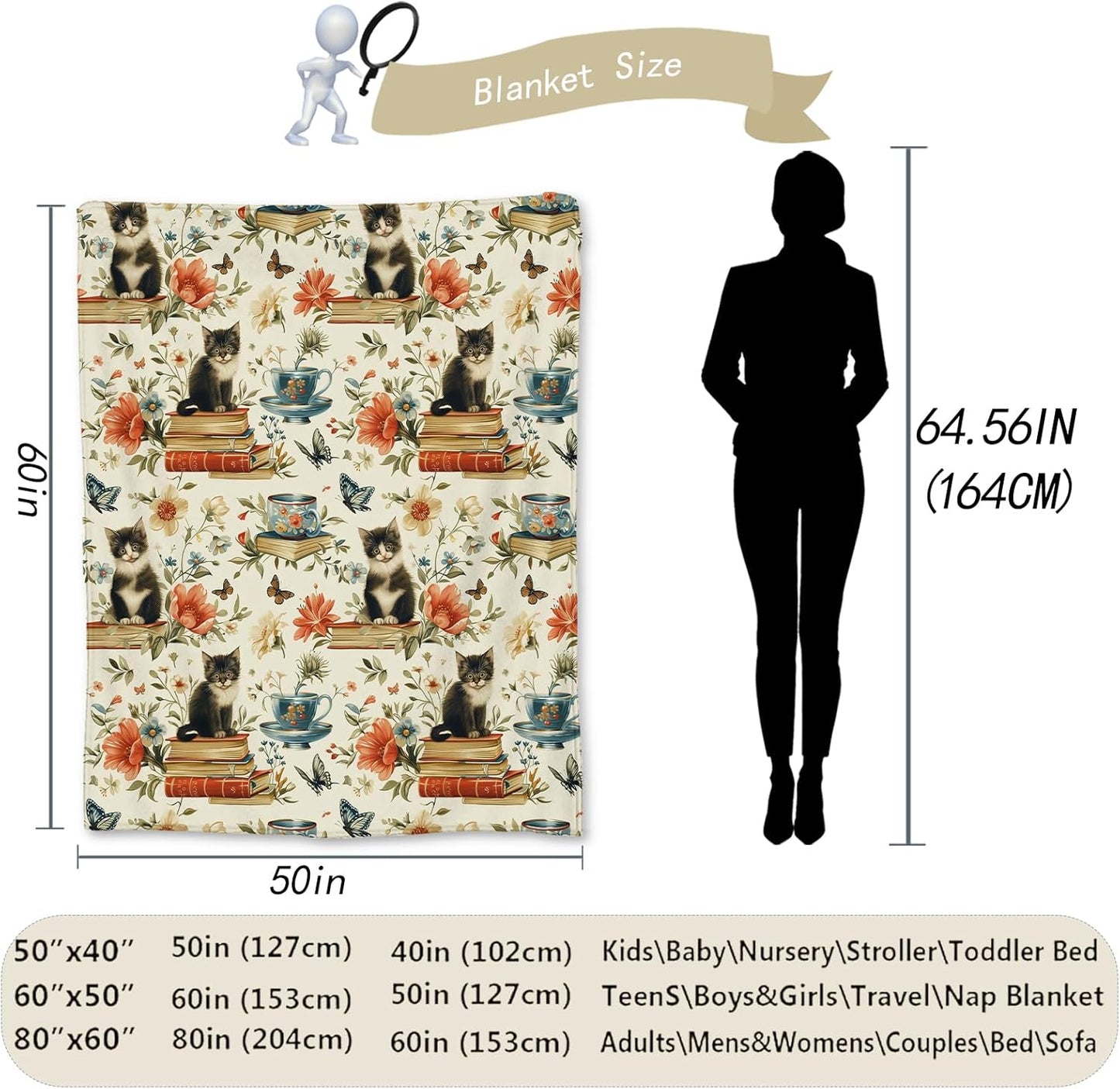 Vintage Cat & Books Blanket, Soft Lightweight Flannel Throw for Couch, Bed, Travel, Living Room & Home Decor, Cozy Warm Fuzzy Blankets for Adults Women Men 60×50 in