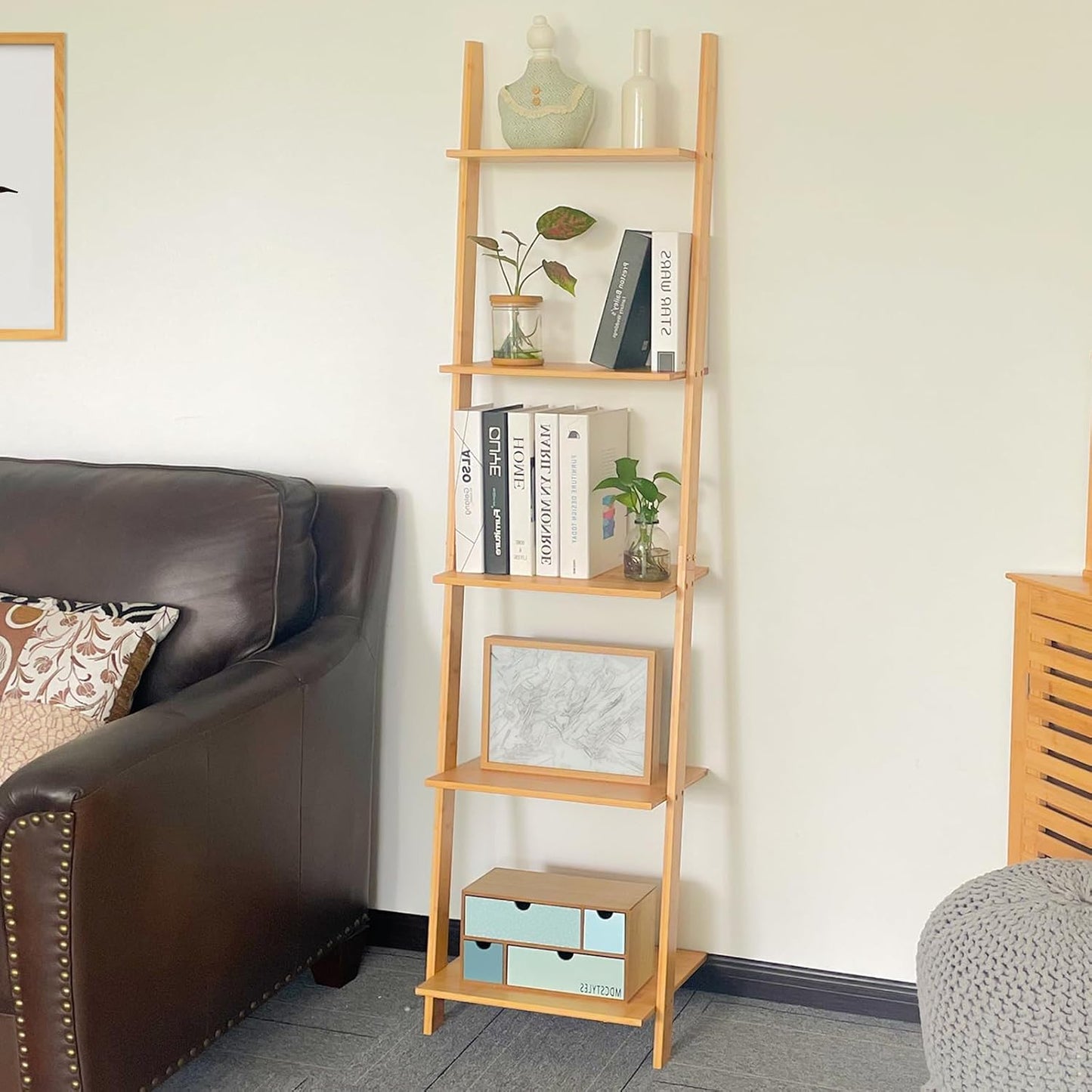 HYNAWIN Wall Leaning Ladder Shelf Bookcase,5-Tier Bamboo Storage Rack Shelvest,FreeStanding Plant Stand, Corner Display Shelves for Living Room, Bathroom, Kitchen, Office(65in)