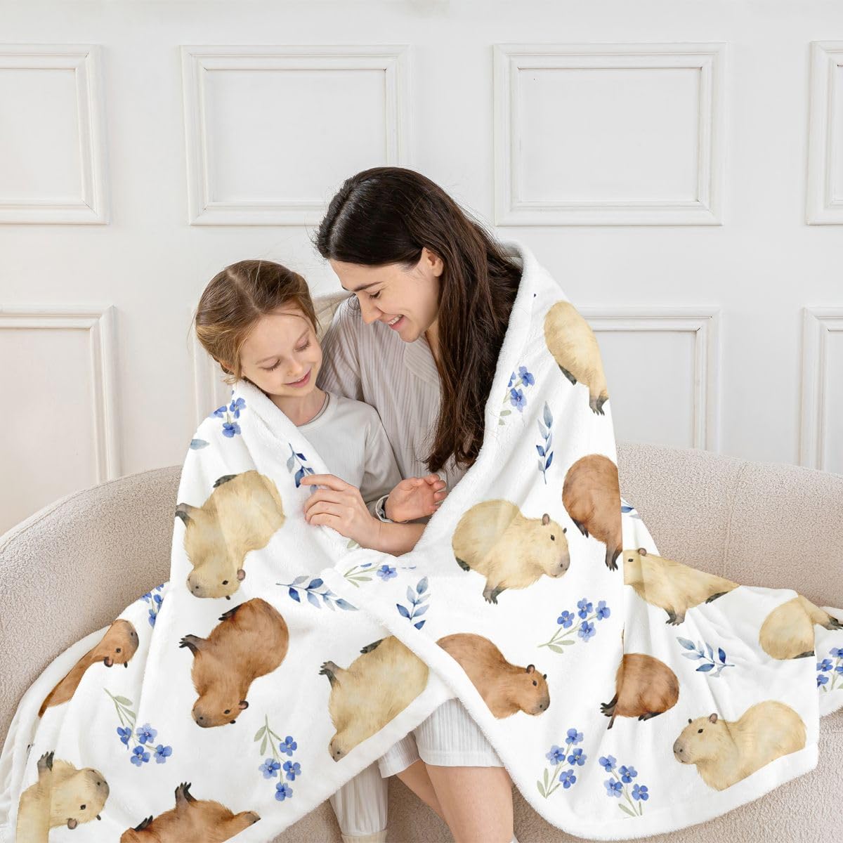 Feelyou Cartoon Capybara Sherpa Throw Blanket for Couch Floral Capybara Super Soft Cozy Fleece Sealife Blanket for Winter, Plush Throw Funny Animal Baby 30"x40" All Season