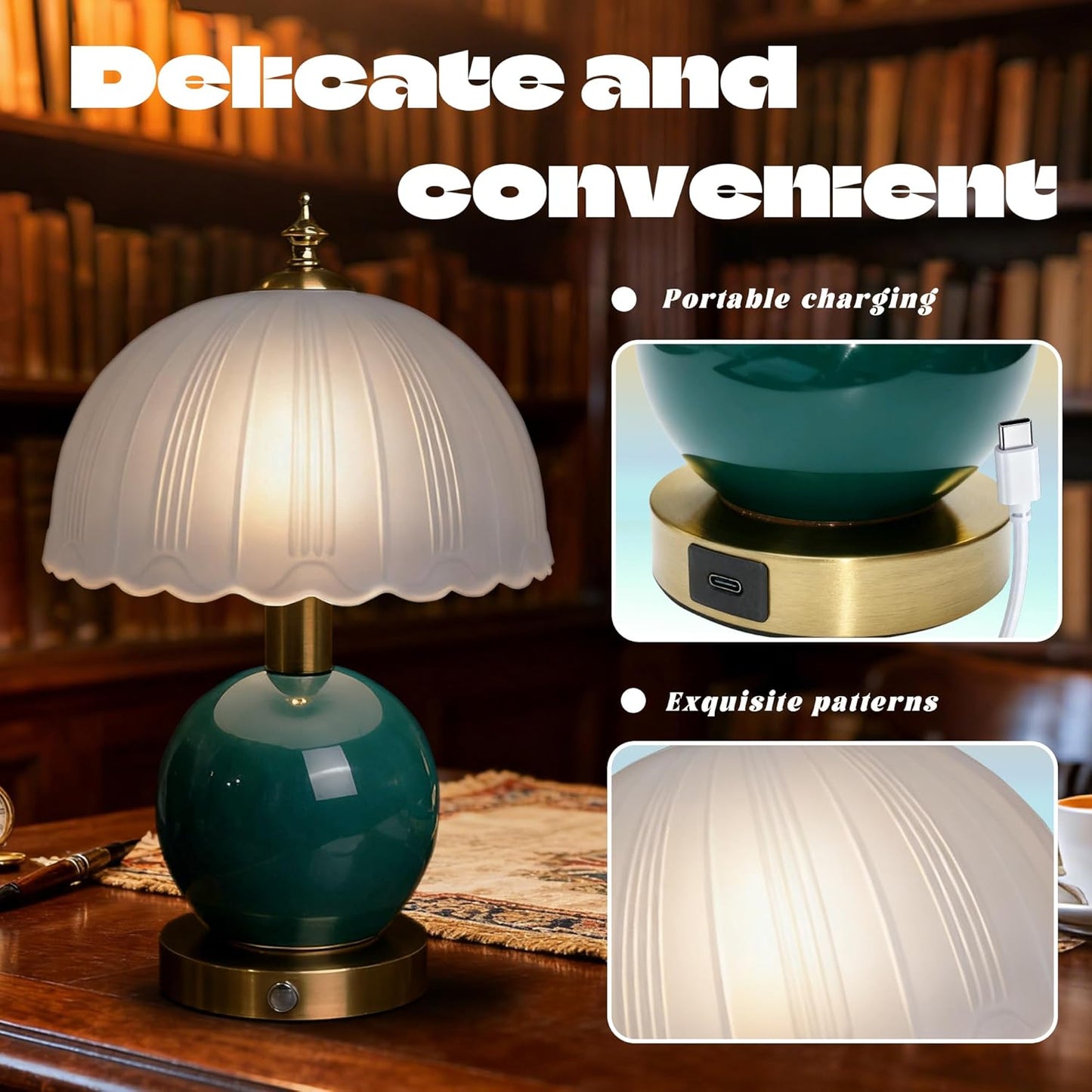 Living Room Vintage Ceramic lamp,12 inch Modern Rechargeable Touch Light, Stepless Light Adjustment Desk Lamp, Classic Chinese Style Emerald Green