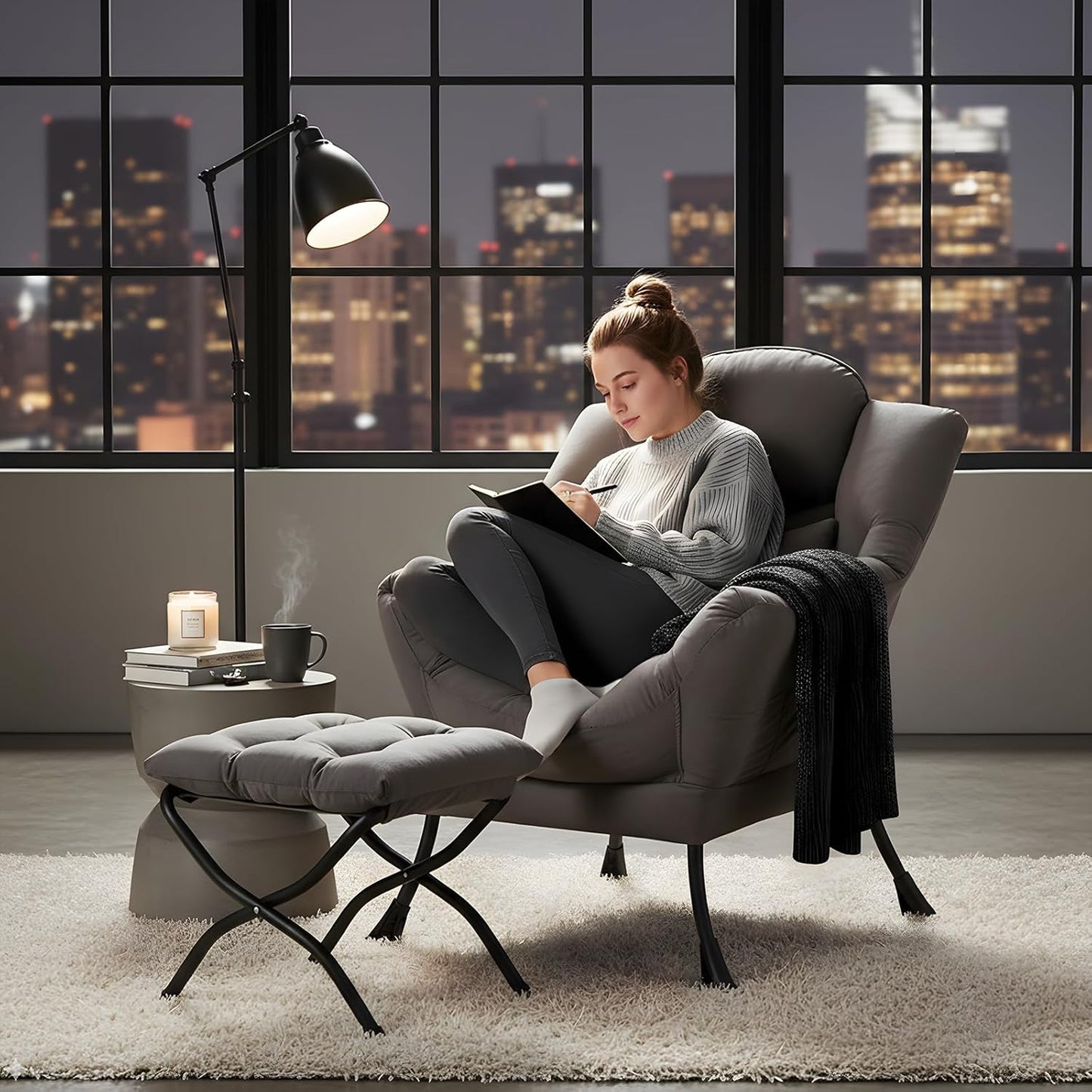 Lazy Chair with Ottoman, Comfy Fabric Accent Lounge Arm Chair with Lumbar Pillow and Folding Footrest, Reading Leisure Sofa Armchair for Bedroom, Living Room, Dorm,Dark Grey