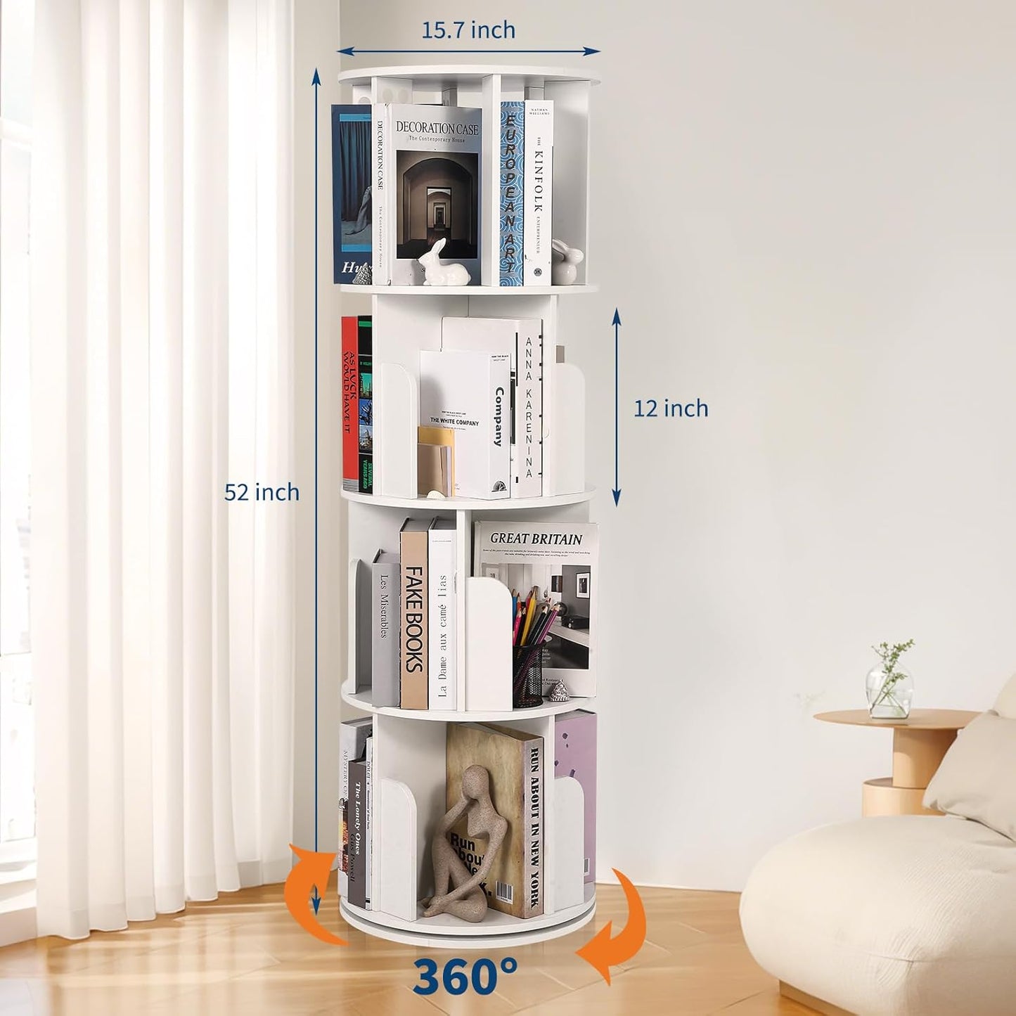 GarveeLife Wooden Rotating Bookshelf 4 Tier, 360° Floor-Standing Bookcase and Multi-Functional Storage Organizer for Living Room, Kids, and Adults White
