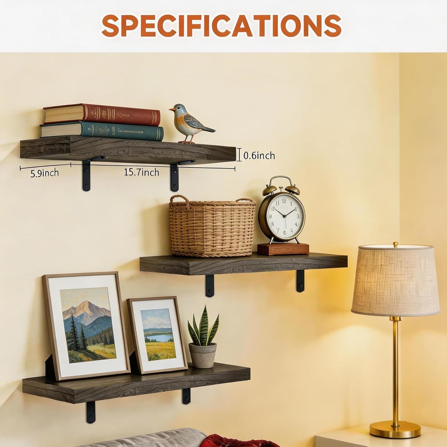 LifetimeWarranty Easy Install Wall Shelves with Brackets,15.7 Inch Wall Mounted Wood Floating Wall Shelf, Small Wall Shelf for Storage&Home Decor, Living Room,Kitchen,Office,Book Corner Shelf,Set of 3