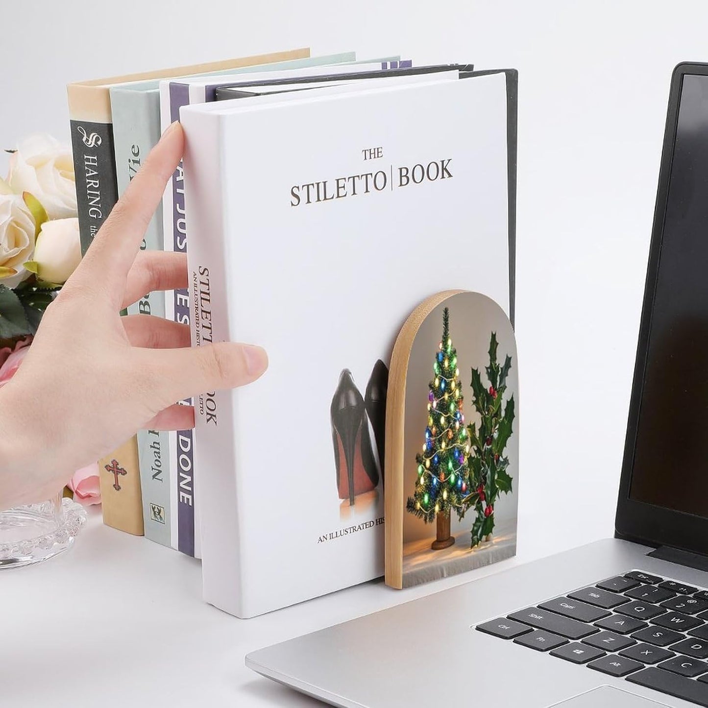 Christmas Tree Holly Bookends 1 Pair Heavy Duty Book Ends for Shelves Non-Skid Bookend Supports Wooden Book Holders with Metal Base Desk Organizers Books Storage to Hold Books