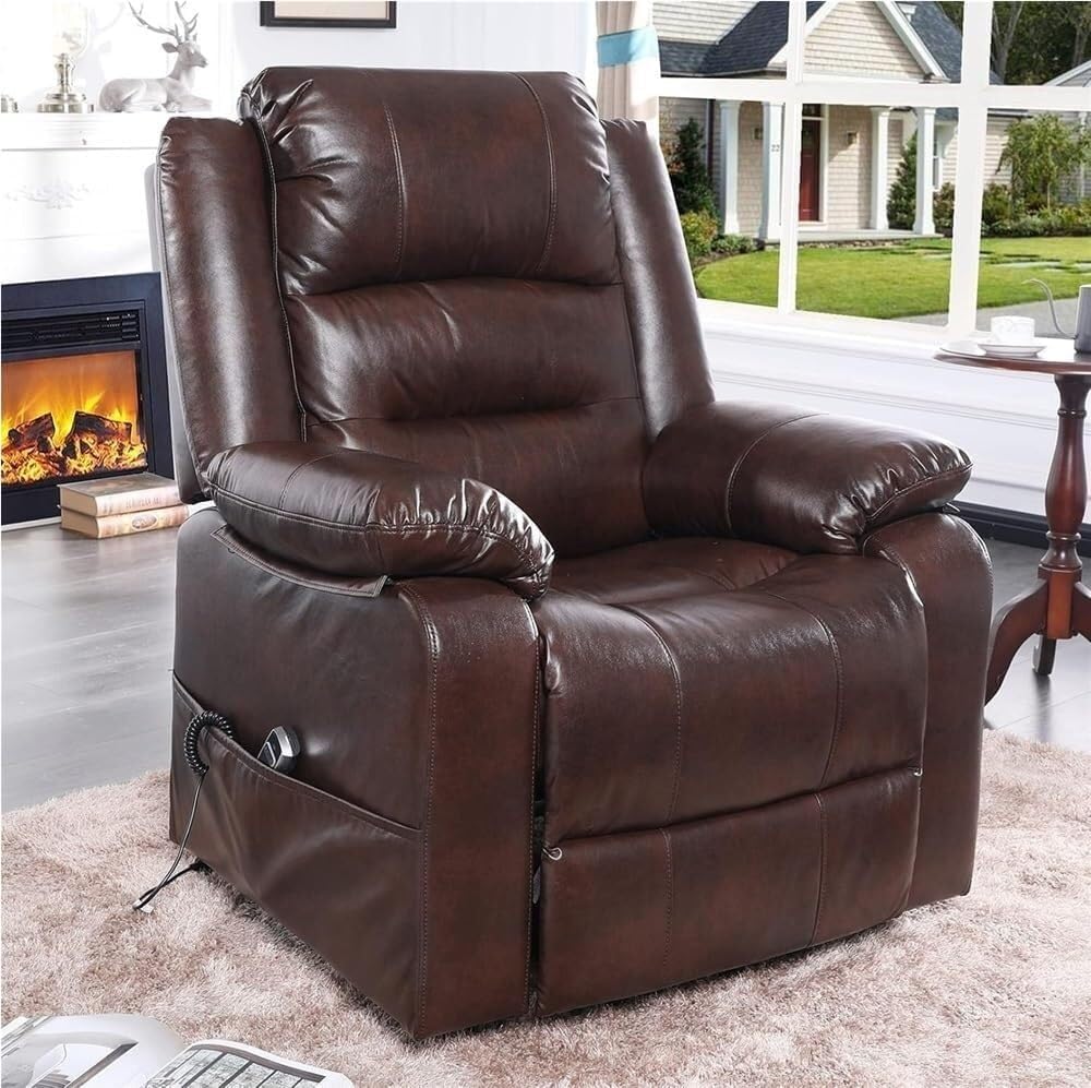 Electric Power Lift Recliner Chair Heavy Duty with Full Grain Leather Adjustable Positions Side Storage Pockets Comfortable Sofa for Elderly Home Living Room and Relaxation