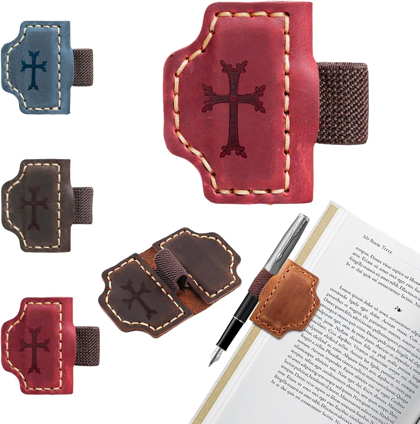 Personalized Leather Magnetic Bookmark Cross Element,Bygone Mark Bookmark with Pen Holder, Magnetic Bookmarks for Bible Study Friends Reader Book Lovers Men Women (Red Crosses, 1PC)