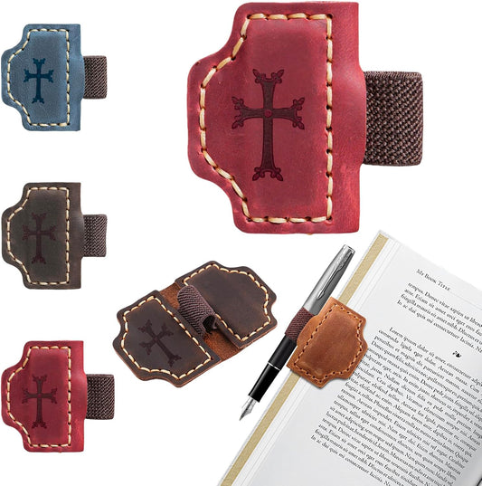 Personalized Leather Magnetic Bookmark Cross Element,Bygone Mark Bookmark with Pen Holder, Magnetic Bookmarks for Bible Study Friends Reader Book Lovers Men Women (Red Crosses, 1PC)