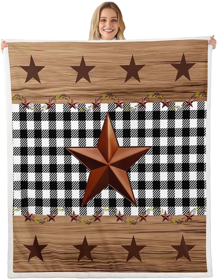 Erosebridal Western Texas Star Blanket 40"x50", Farmhouse Black Plaid Throw Blanket, Brown Vintage Country Star Fleece Blanket, Retro Rustic Checked Grid Wooden Grain Fleece Blanket