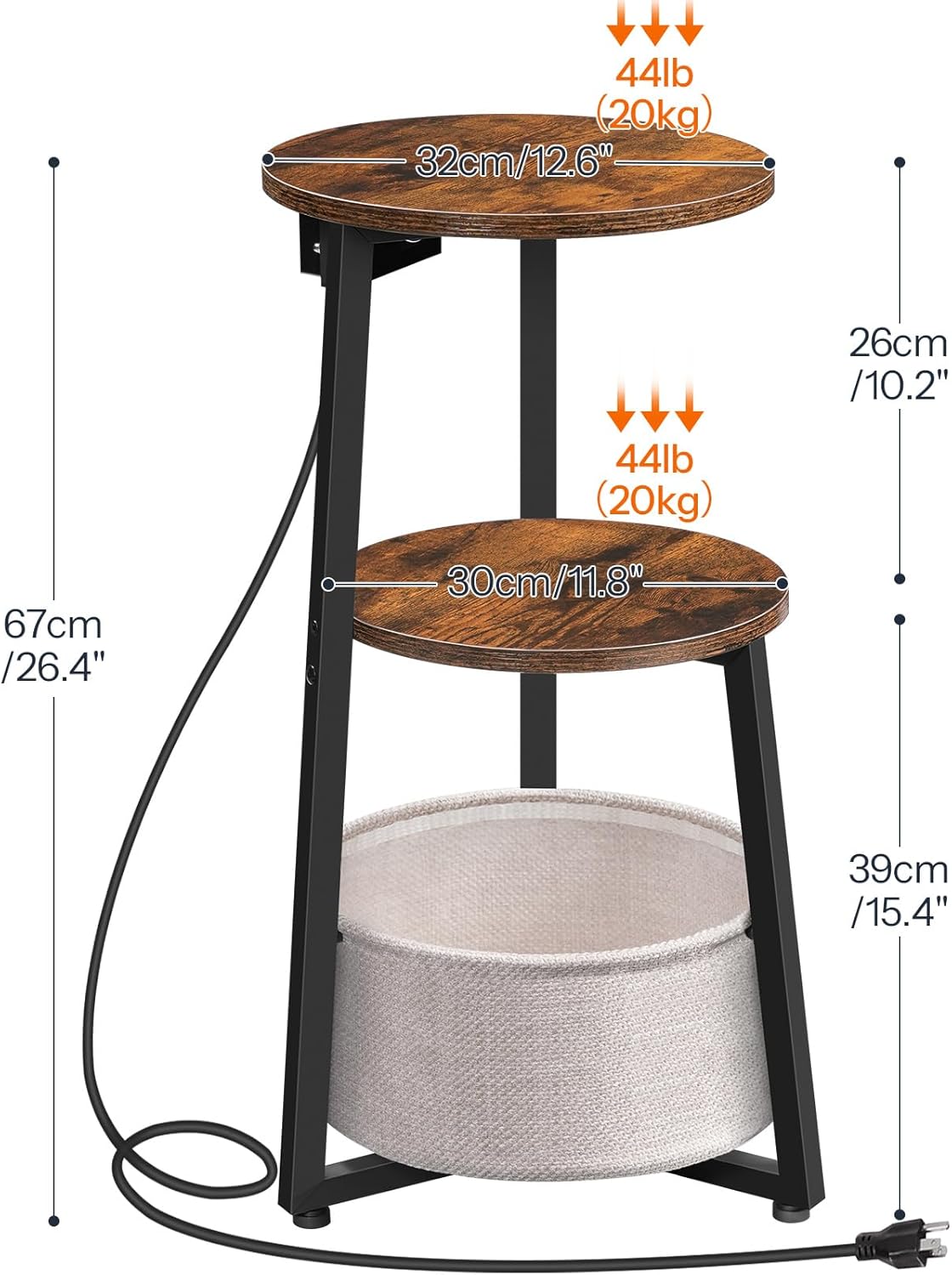 HOOBRO Small Round Side Table with Charging Station, Round End Table with Cotton Linen Storage Basket, Compact Sofa Side Table Nightstand for Small Space, Corner, Living Room, Rustic Brown BF169UBZ01