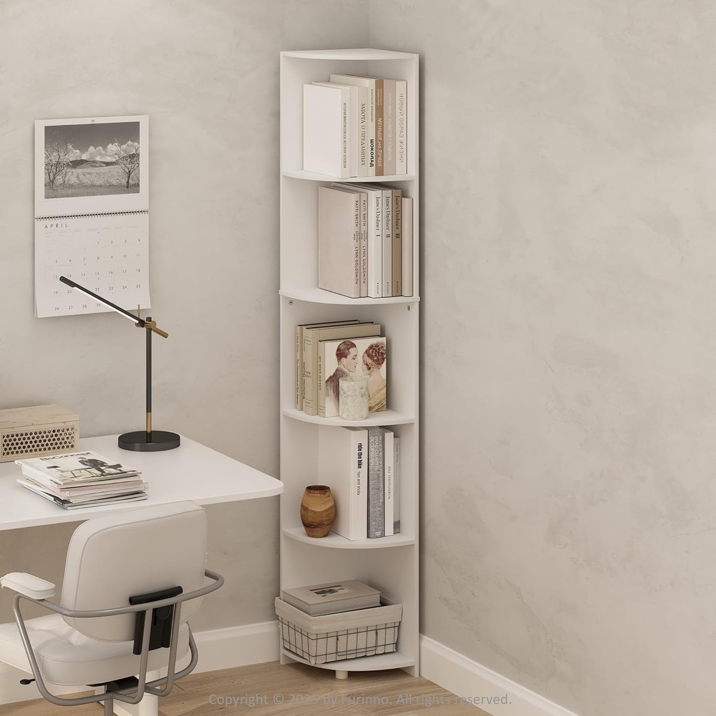 5-Tier Bookshelf with Corner Shelf — 12×12×70.8 in, White