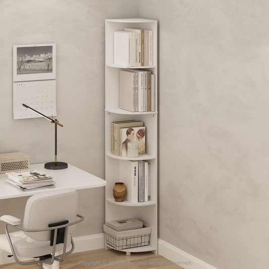 5-Tier Bookshelf with Corner Shelf — 12×12×70.8 in, White