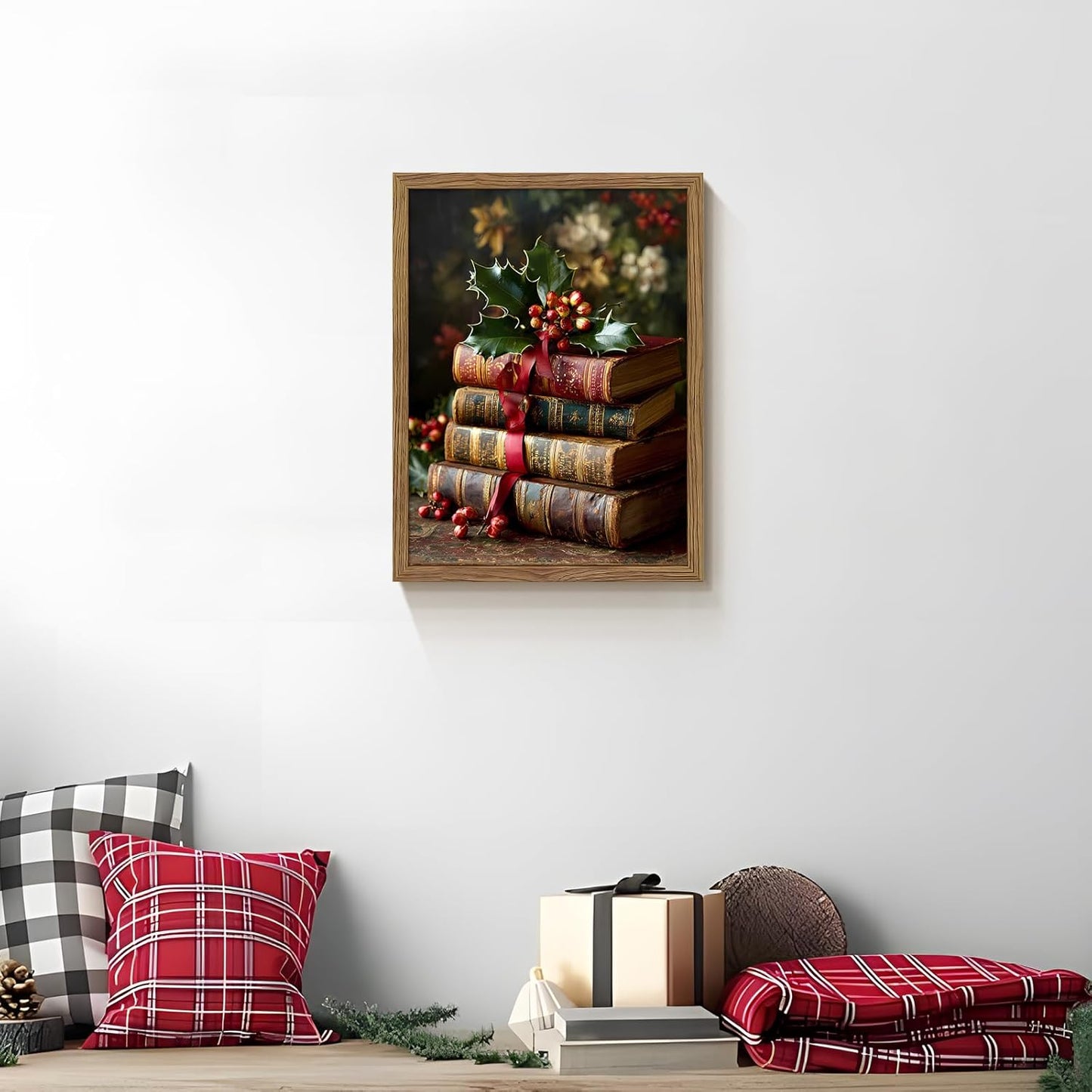 Vintage Christmas Books Canvas Wall Art Framed, Dark Academia Pictures Wall Decor, Rustic Xmas Bookish Decor, Moody Paintings Prints, Winter Navidad Artwork for Home Library Reading Room 12x16 Inch
