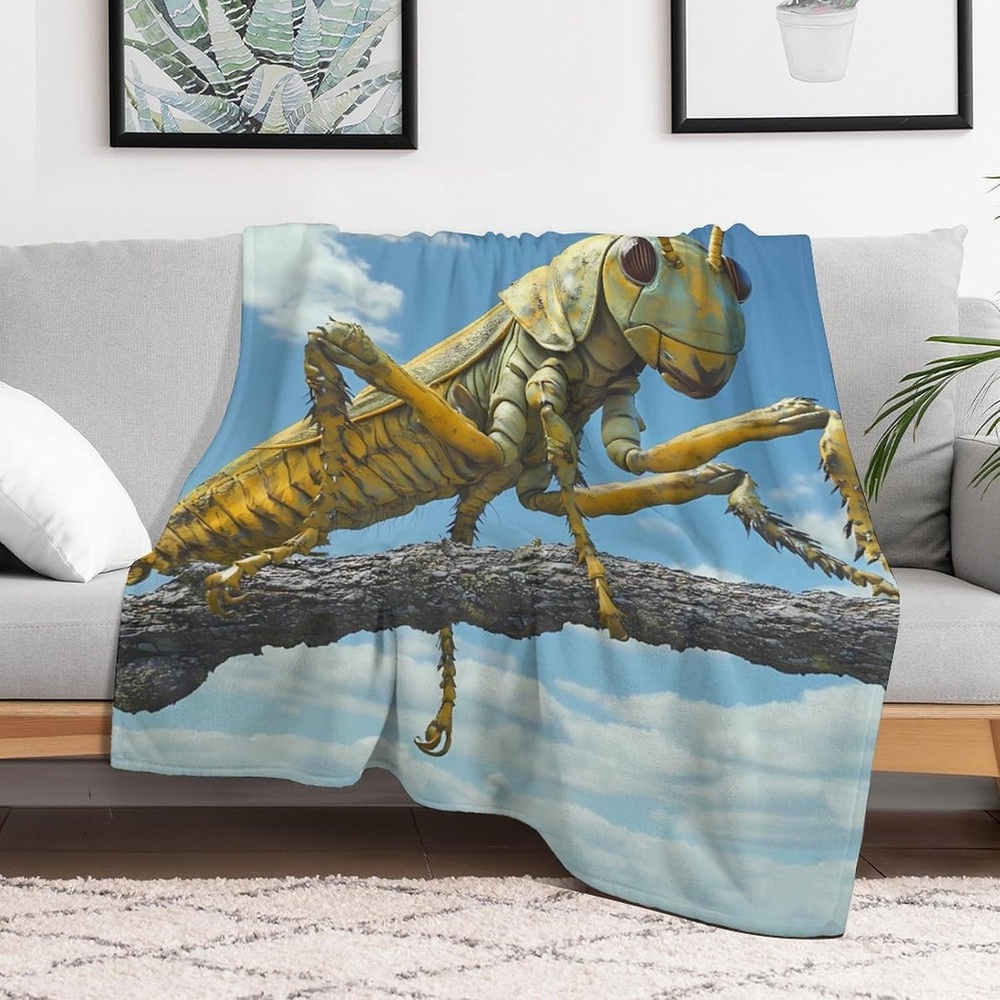 Blue Skys Grasshopper Insect Throw Blanket for Couch Bed Plush Cozy Fuzzy Flannel Blanket for All Season 66"x90"