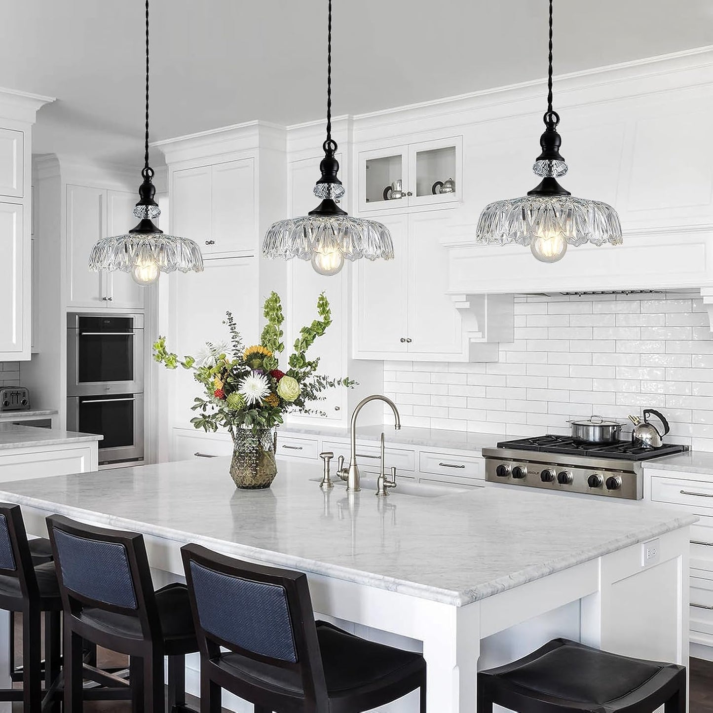 CVKASH Vintage Glass Pendant Light Fixture Black Modern Adjustable Chandelier Hanging Light for Farmhouse Dining Room Kitchen Bedroom Hallway Island