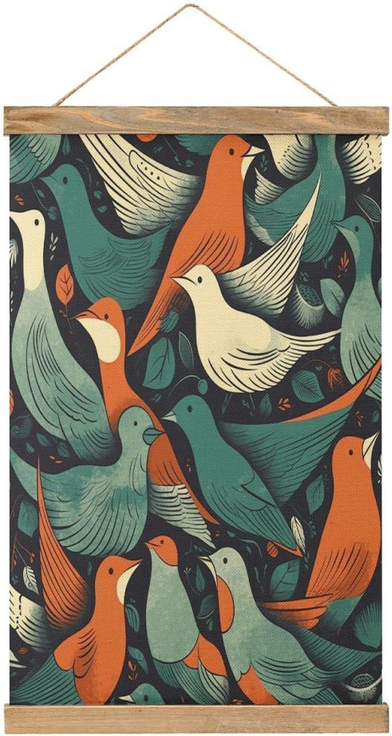 Vintage Flock of Birds Poster with Wooden Frame Personalized Linen Hanging Scroll Painting Rustic Wall Hanging Illustrative Modern Artwork Decor for Home Living Room Bedroom Office