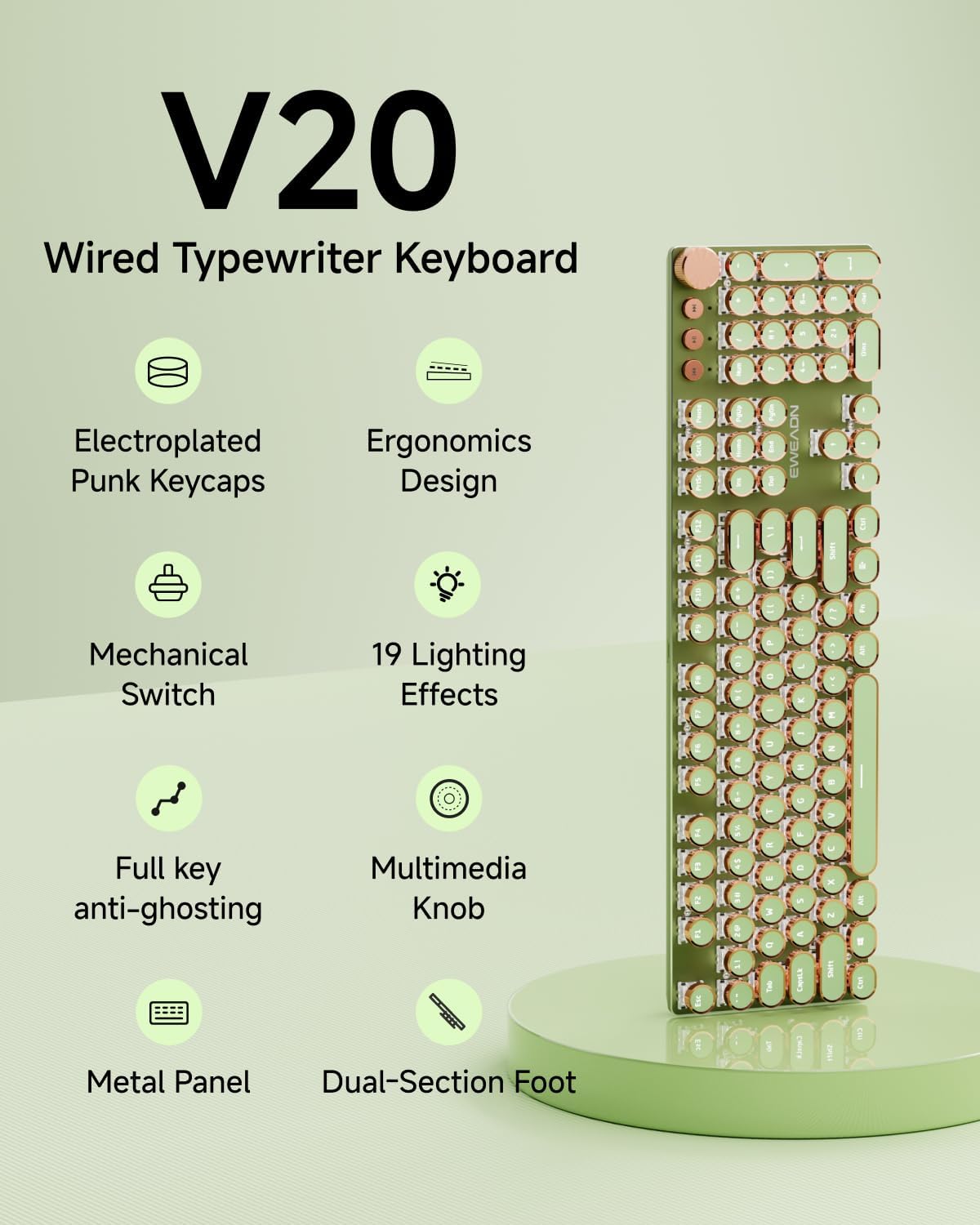 EWEADN Typewriter Style Mechanical Keyboard, Wired Typewriter Keyboards,104 Keys Backlit LED Metal Keyboards, Media Control Knob, Wired Computer Keyboard Pink Switch for Windows/Mac/PC-Green