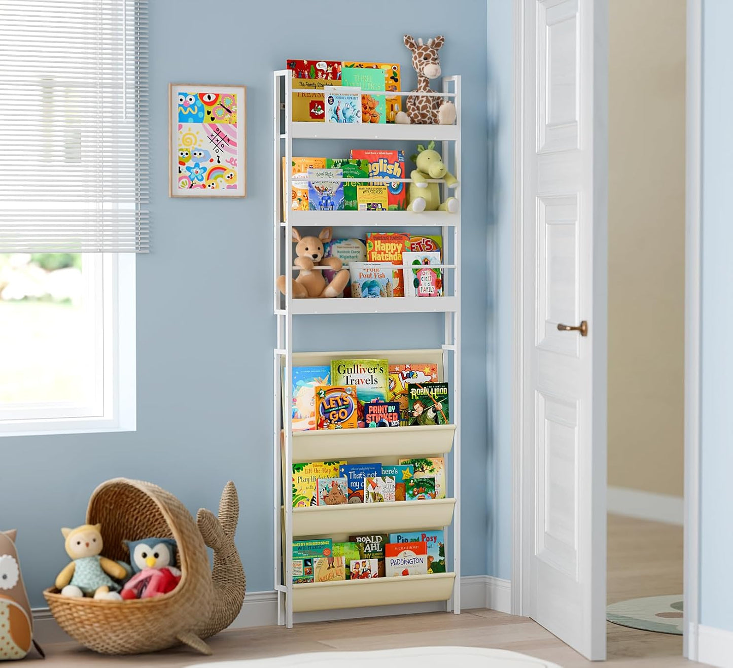 Kids Bookshelf - Wall Mounted 6-Tier Book Shelf for Kids Rooms, Behind The Door Bookshelf for Baby Toddler, Corner Wall Book Shelf for Bedroom/Nursery, Book Organizer for Toys and Books