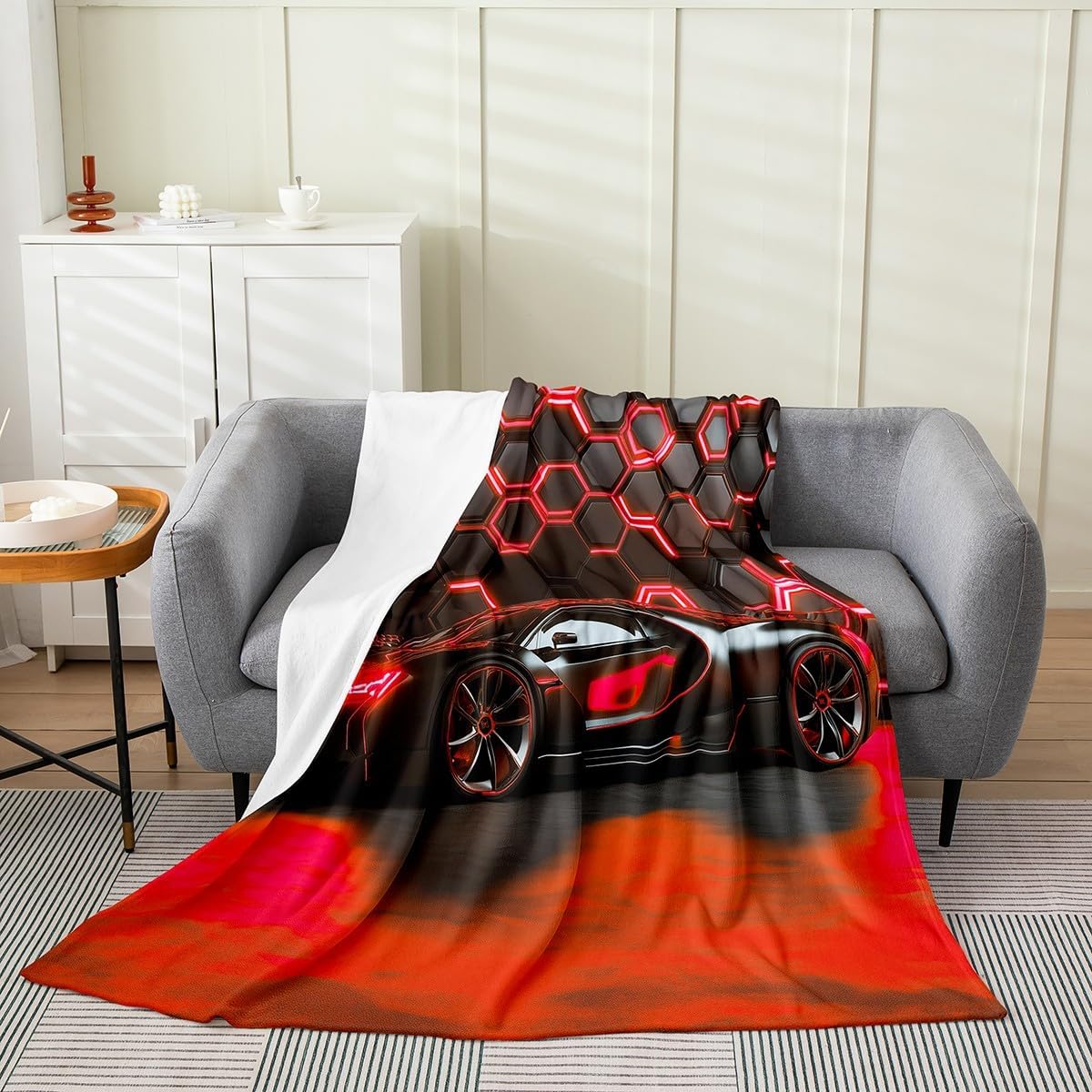 Feelyou Red Race Car Fuzzy Honeycomb Flannel Fleece Throw Blanket for Sofa Couch Speed Sports Car Extreme Sports Racing All Season Bed Blanket 40"x50" Modern Plush