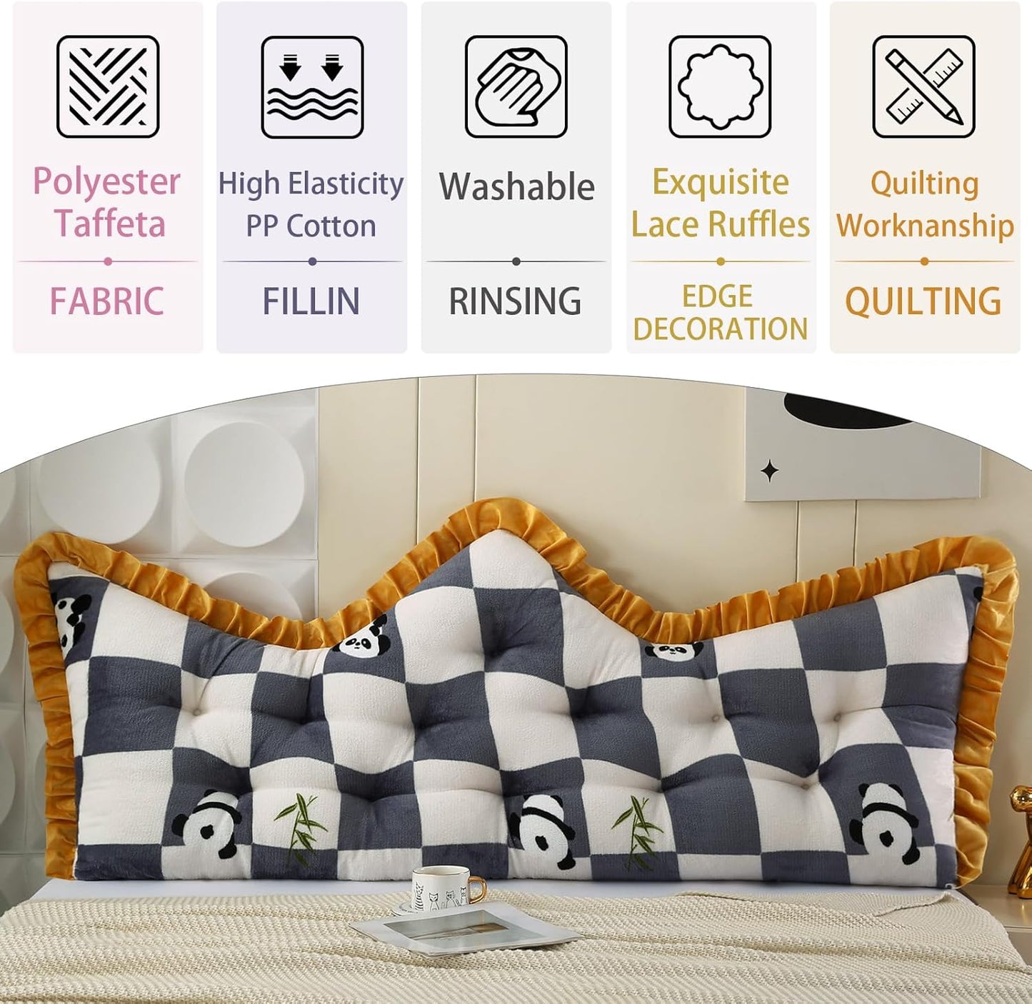 ROOMLIFE Headboard Pillow Crown Princess Soft Black＆White Grid Bed Pillow for Headboard Backrest Positioning Support Bed Rest Reading Pillow Panda Pattern Headboard Pillow with Removable Cover,Queen