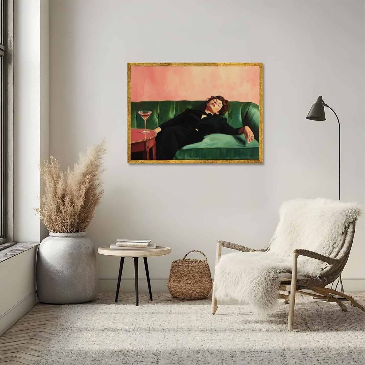 Woman Drinking Glass of Martini Wall Art Print Woman Sitting on The Green Sofa Painting Pictures Retro Female Portrait Poster Trendy Cocktail Alcohol Artwork for Kitchen Bar 8x12inch Golden frame