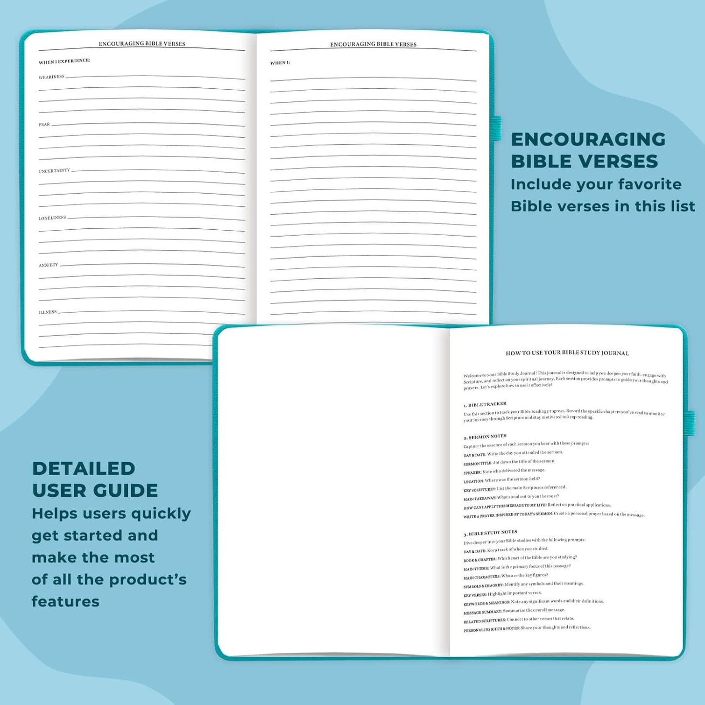 Bible Study Journal - Church Notes Notebook for Note Taking & Reflection - Guided Bible Study Notebook - Faith-Based Religious Gifts & Bible Study Supplies (Aquamarine)