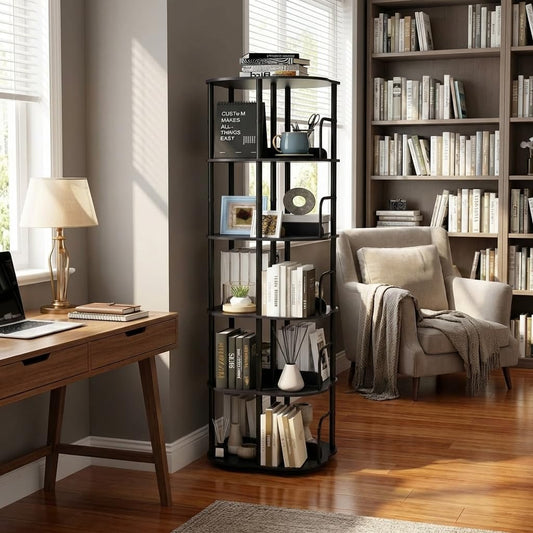 5 Tier Rotating Bookshelf, 360° Spinning Bookcase with Metal Frame & Wood Shelves for Corner - Industrial Freestanding Storage Rack for Living Room, Bedroom, Office&Small Room