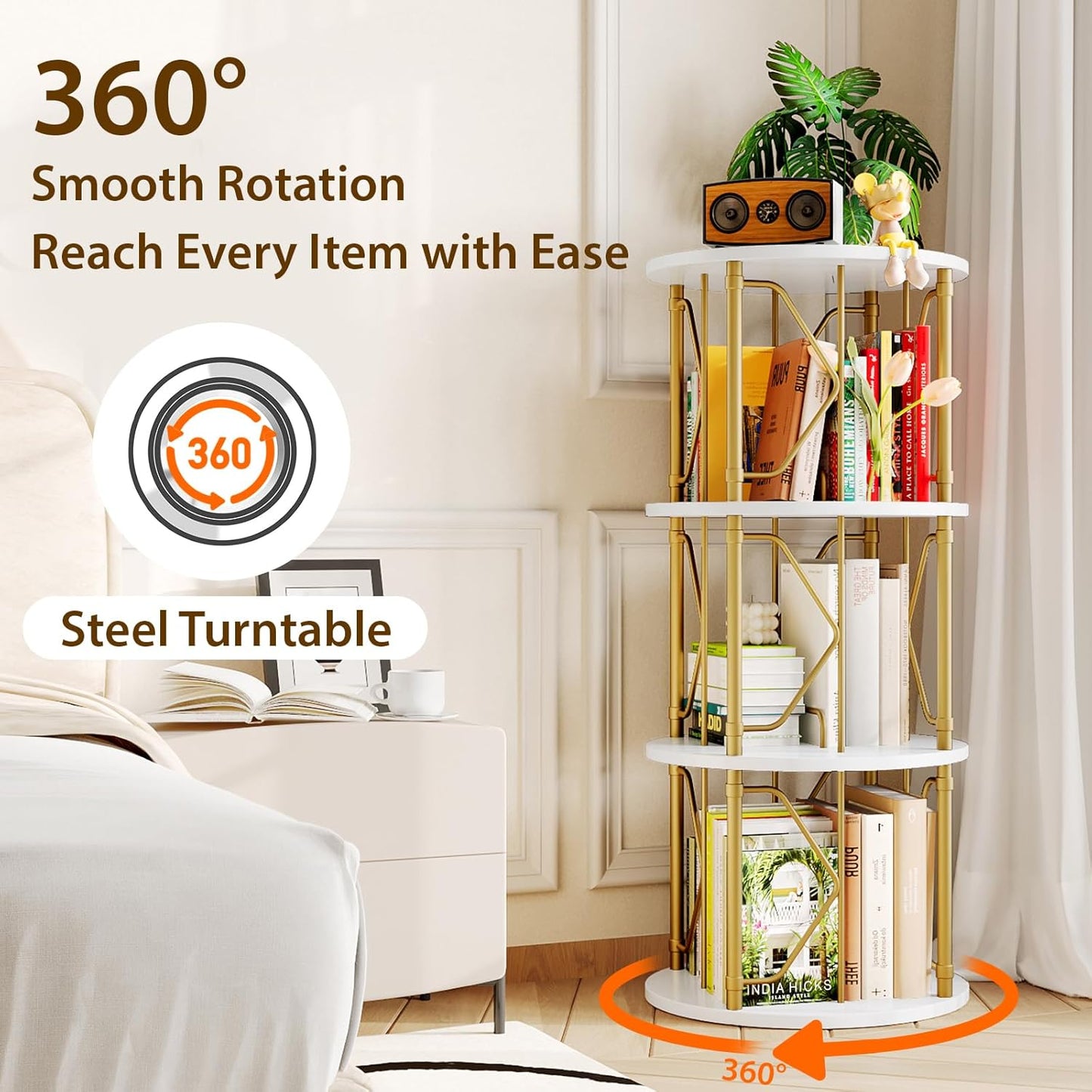 3 Tier Rotating Bookshelf Tower, Revolving Bookcase, 360° Round Spinning Book Shelf, Narrow Swivel Bookshelves Vertical Turning Corner Bookshelf Organizer for Bedroom, Living Room, Gold & White