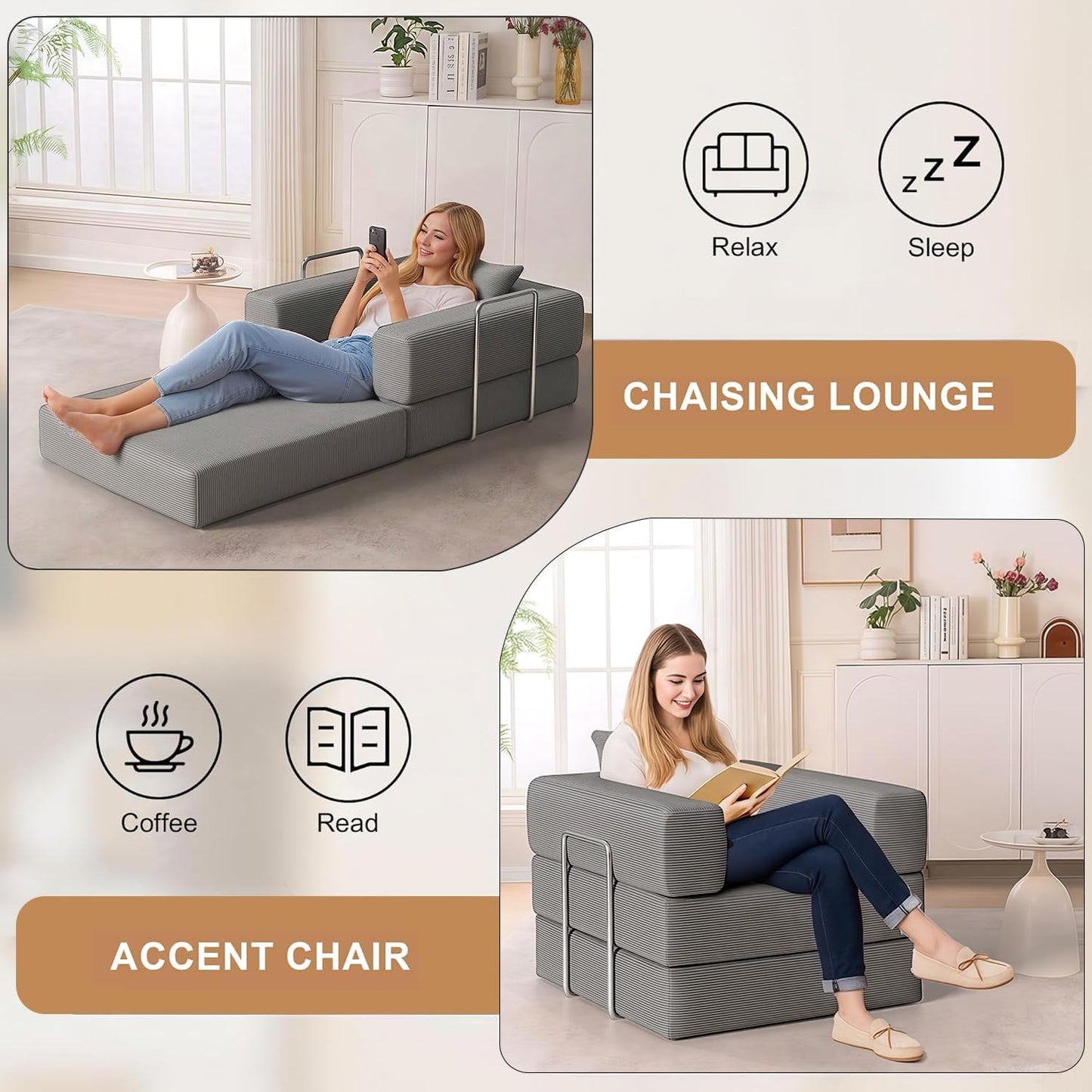 2-in-1 Floor Foldable Sofa Couch Convertible Sleeper Chaise Lounge Chair Indoor Portable Fold Out Futon Mattress with Back Support for Living Room,Bedroom (Gray, 35.43" Single Sofa)
