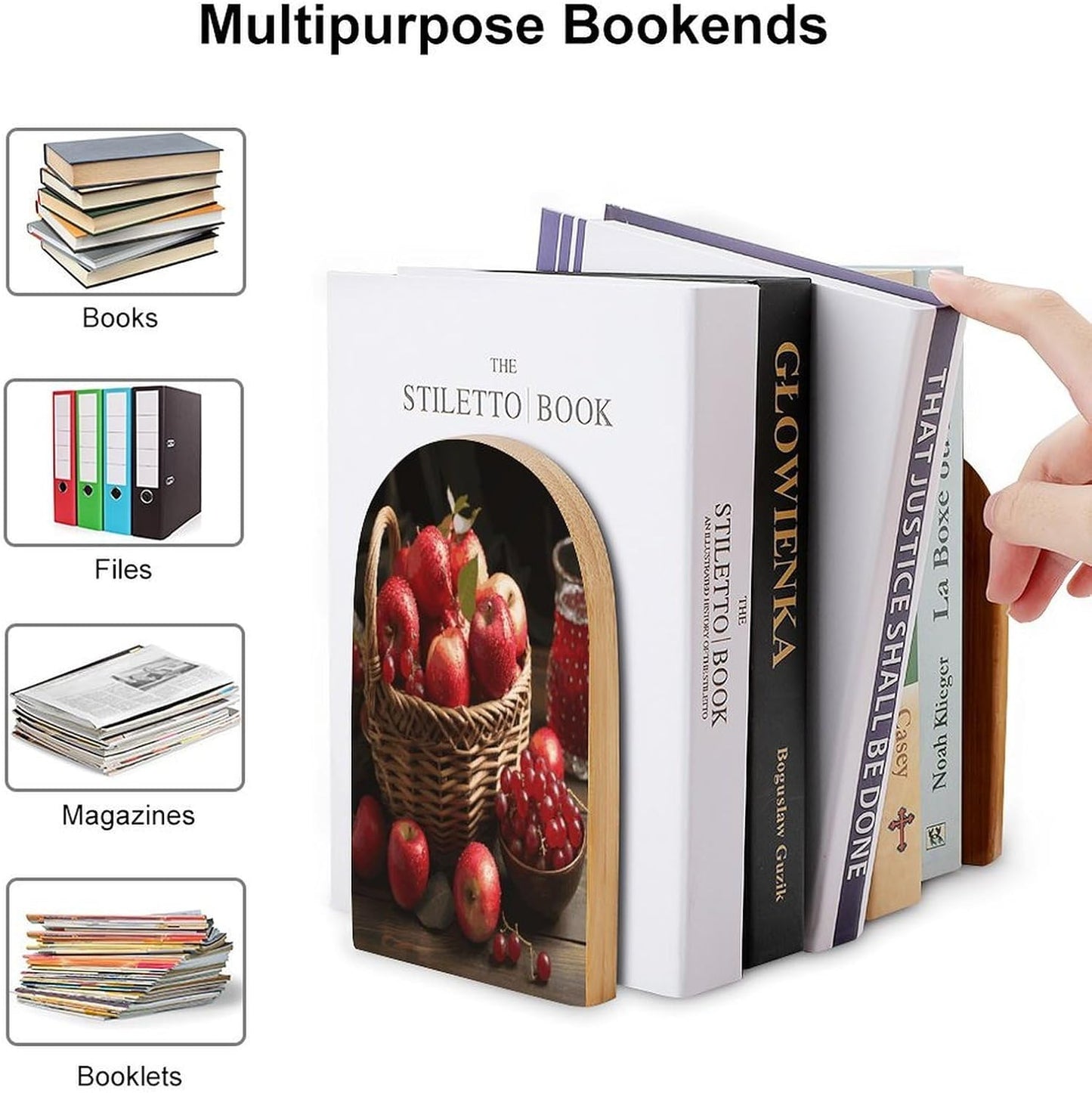 Red Fruit in A Basket Bookend for Shelves Wooden Book End Large Size Sturdy Book Holders Stoppers with Metal Base for Bookshelves Slick Decorative Bookends Stands