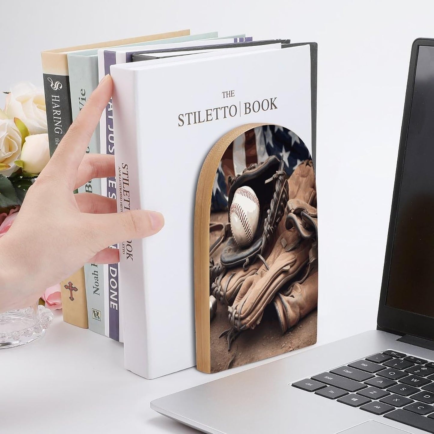 Baseball Equipment Bookend for Shelves Wooden Book End Large Size Sturdy Book Holders Stoppers with Metal Base for Bookshelves Slick Decorative Bookends Stands