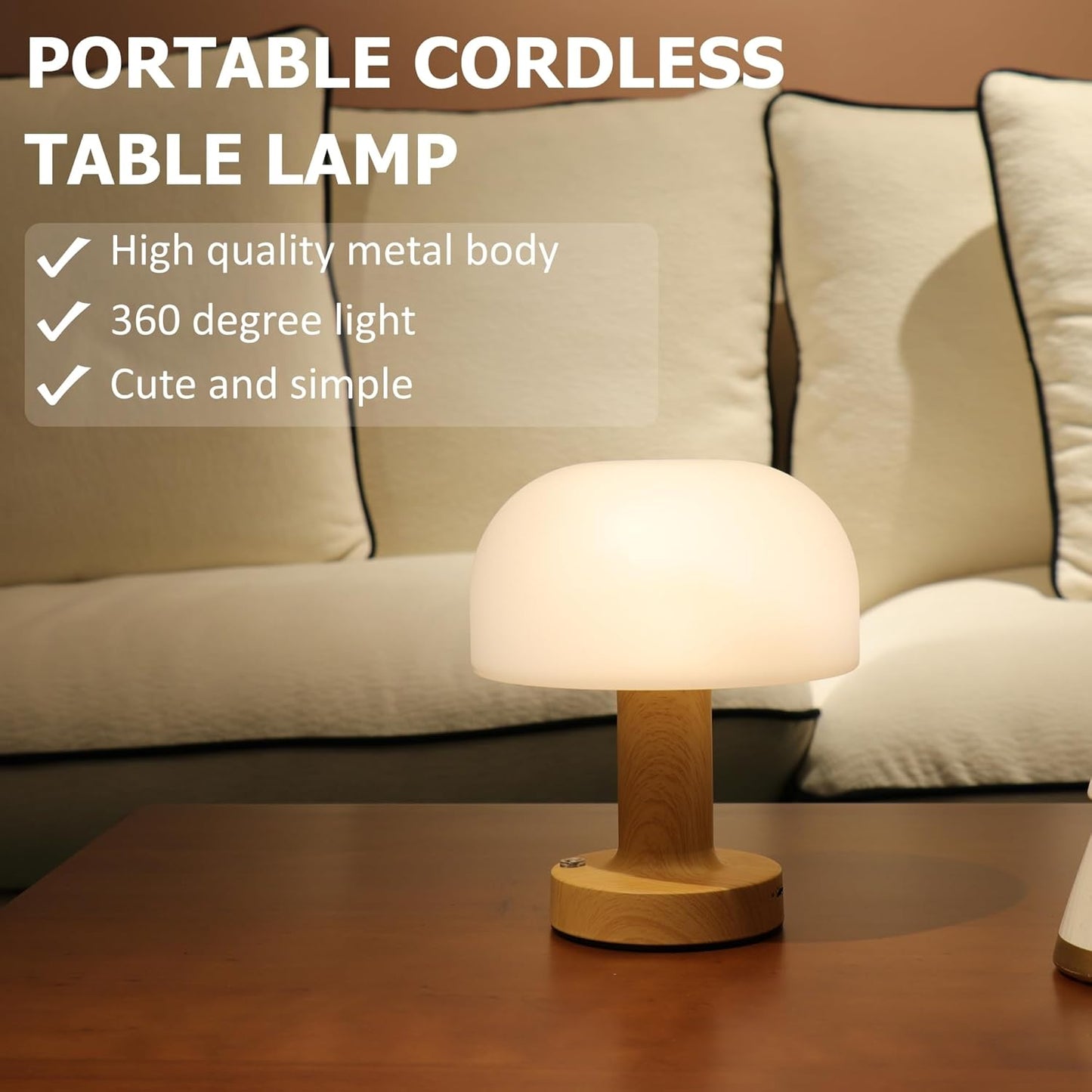 Small Mushroom Table Lamp, Cordless Night Light with 2600mAh Rechargeable Battery, Stepless Dimming Desk Lamp with 3 Colors for Bedroom/Patio/Living Room (White-1)