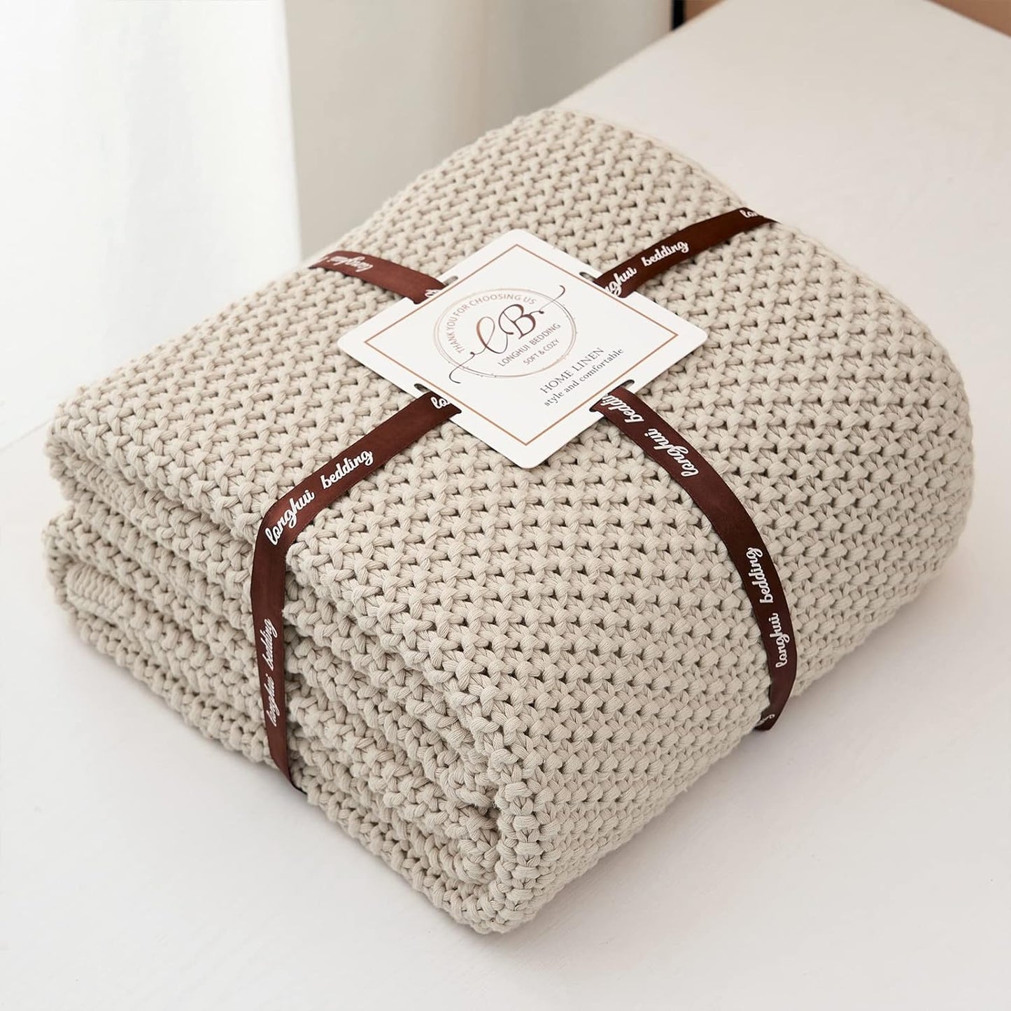 Chunky Cable Knit Throw Blanket Lightweight Beige 100% Organic Cotton Blanket for Sofa Couch Bed Baby Nursery, Rustic Shabby Chic Modern Farmhouse, 51” x 63” Give Laundering Bag
