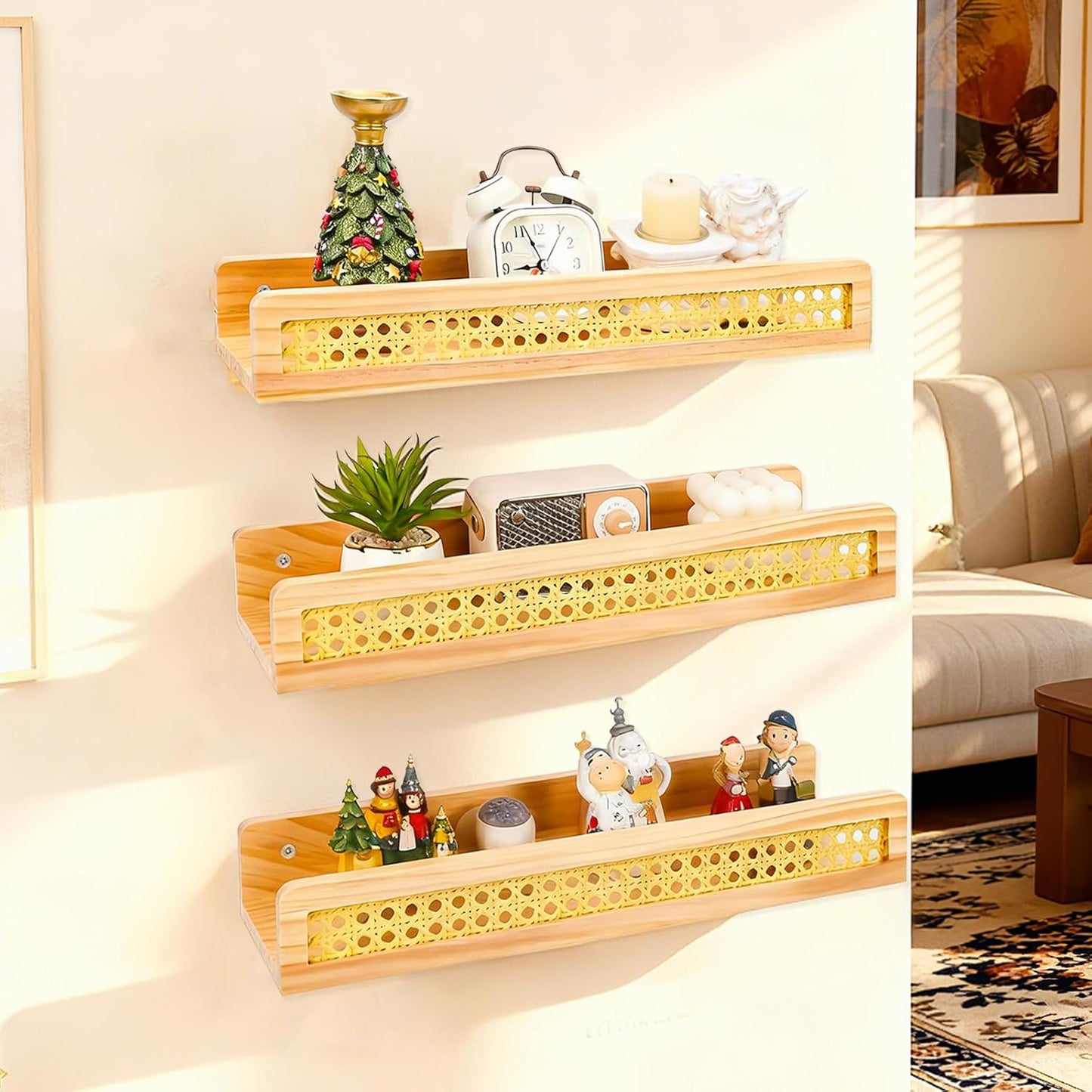 Zoyiancy 3 Pcs Rattan Wall Shelf, Natural Wooden Wall Mounted Floating Shelves, Decorative Picture Ledge Wicker Nursery Bookshelves for Bedroom, Kitchen, Living Room, Office