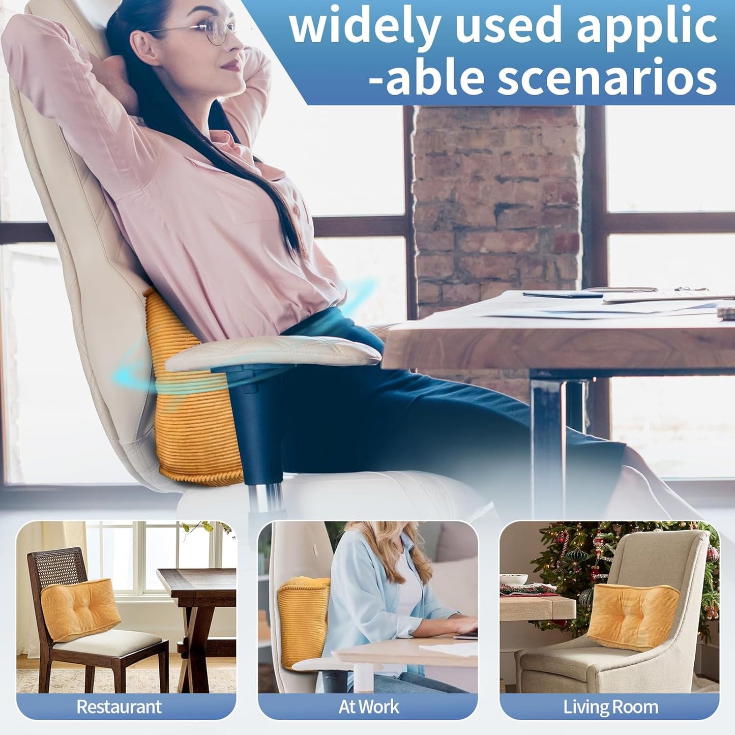 Lumbar Support Pillow for Study Desk Chair, Bite-Size Natural Latex Foam Back Support Pillow for Lower Back Pain Relief, Soft & Support Corduroy Office Chair Cushion, S, Yellow