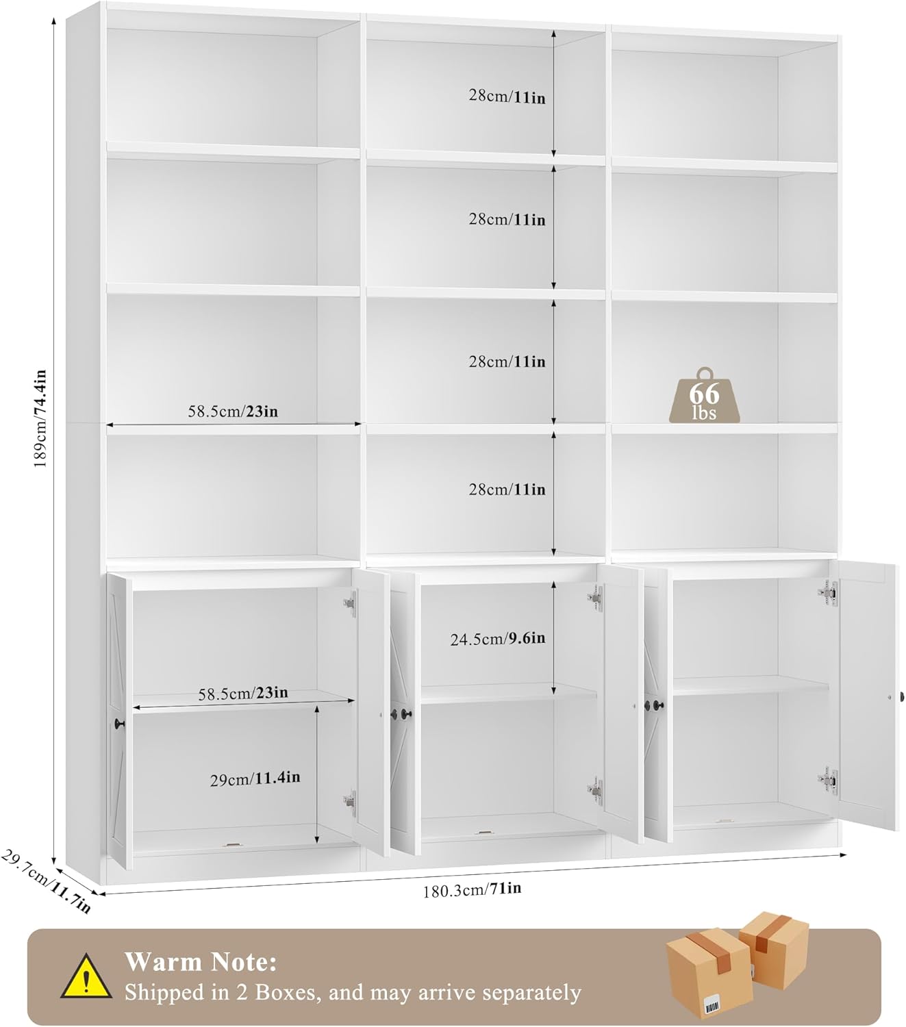 FACBOTALL 75" Triple Wide Bookshelf, White Bookshelf and Bookcase with 6 Farmhouse Doors, 71" Wide 6 Tier Book Shelf with 18 Storage Shelves, Large Wooden Bookshelves, Tall Bookcase for Office, White