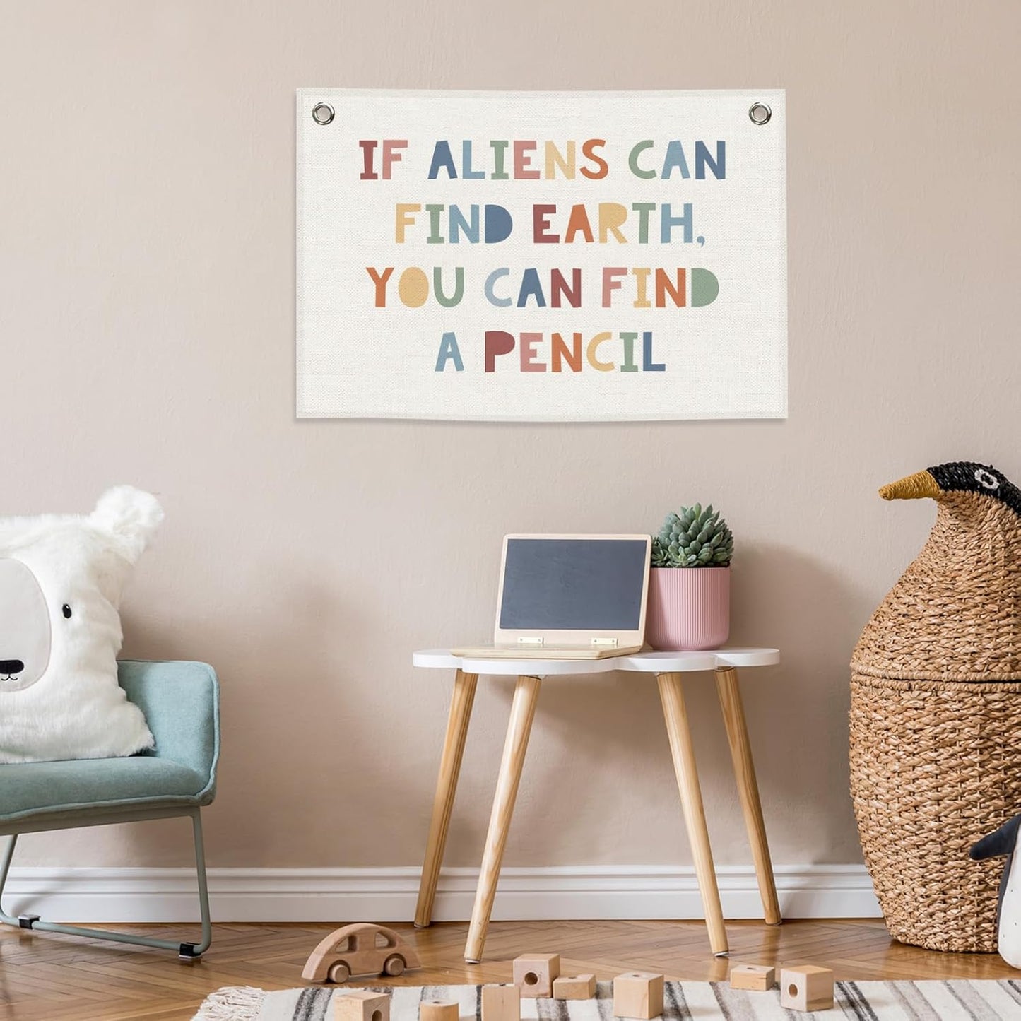 Funny Classroom Banner, Colorful Kids Room Decor, If Aliens Can Find Earth You Can Find A Pencil Sign, Nursery Canvas Flag Wall Hanging Decor Art for Playroom Toddler Room Preschool 20x30in