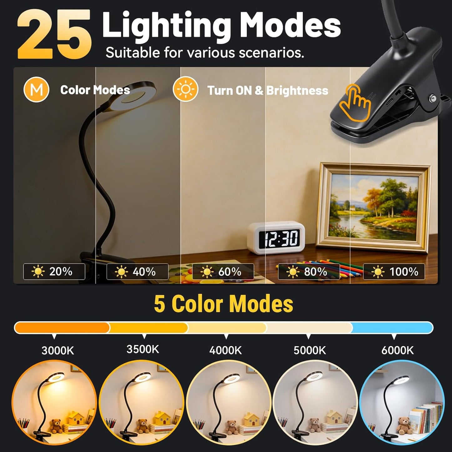 Clip on Reading Light for Bed Headboard, Rechargeable Battery with Large Clamp, 5 Colors & 5 Brightness Flexible Neck Desk Lamp, Eye Protection LED Touch Control Book Light for Kids, Bunk Bed, (Black)