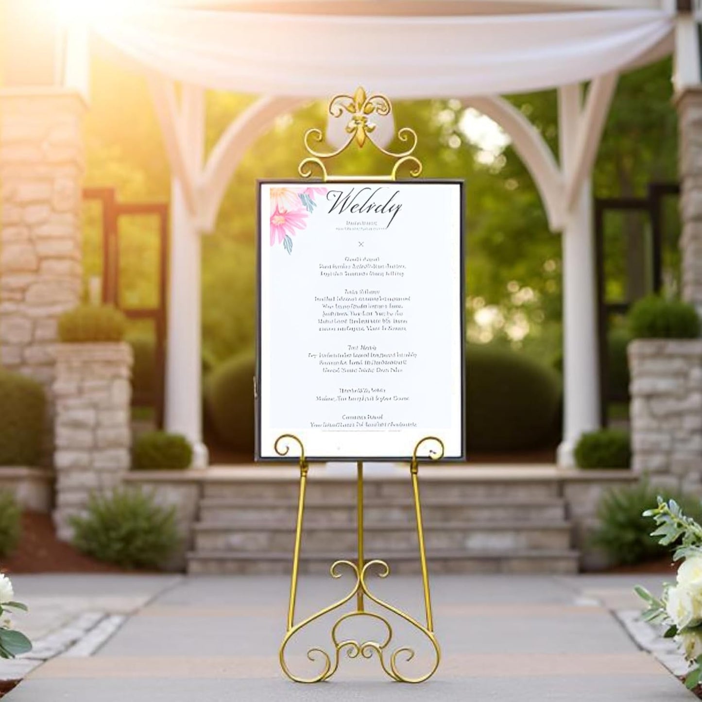 60” H Gold Easel Stand for Sign, Large Adjustable Metal Display Standing for Displaying Pictures Wedding Poster Holder Showcasing with Chain Support