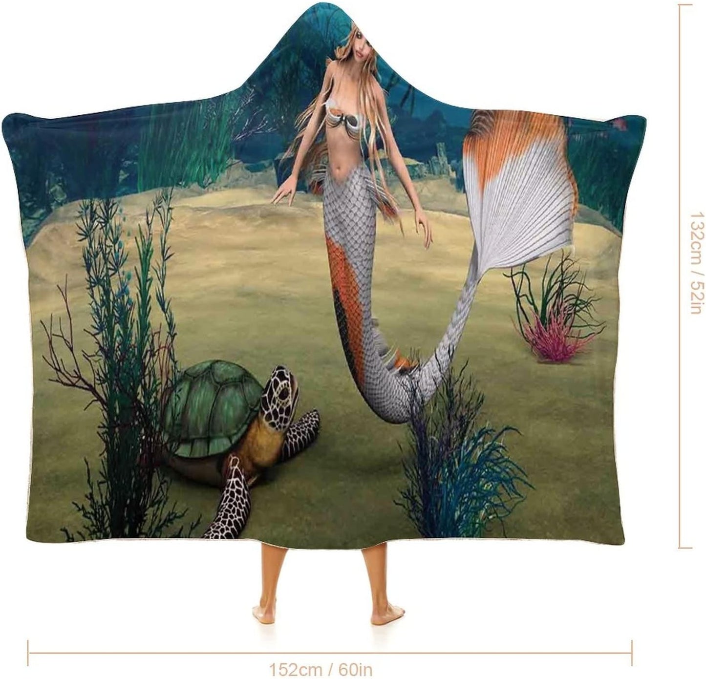 Throw Blankets, Ocean Women Men Hooded Blanket, Digital Render of Cute Girl Turtle Fantasy, Soft Warm Cozy, 40 x 50inches, Studying Reading Snuggling Napping Office, Multicolor