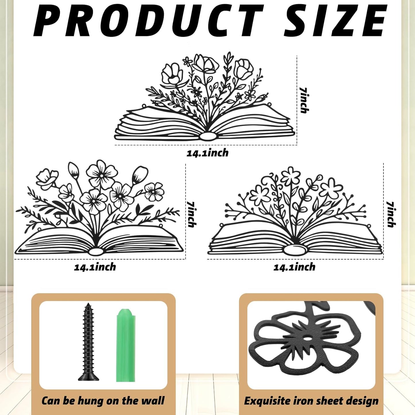 Honeydak 3 Pcs Reading Metal Book Flower Wall Art Decor Black Wall Hanging Decor Library Sign Silhouette Book Lovers Teacher Gift Wall Sculptures for Home Reading Room Living Room Bedroom Office