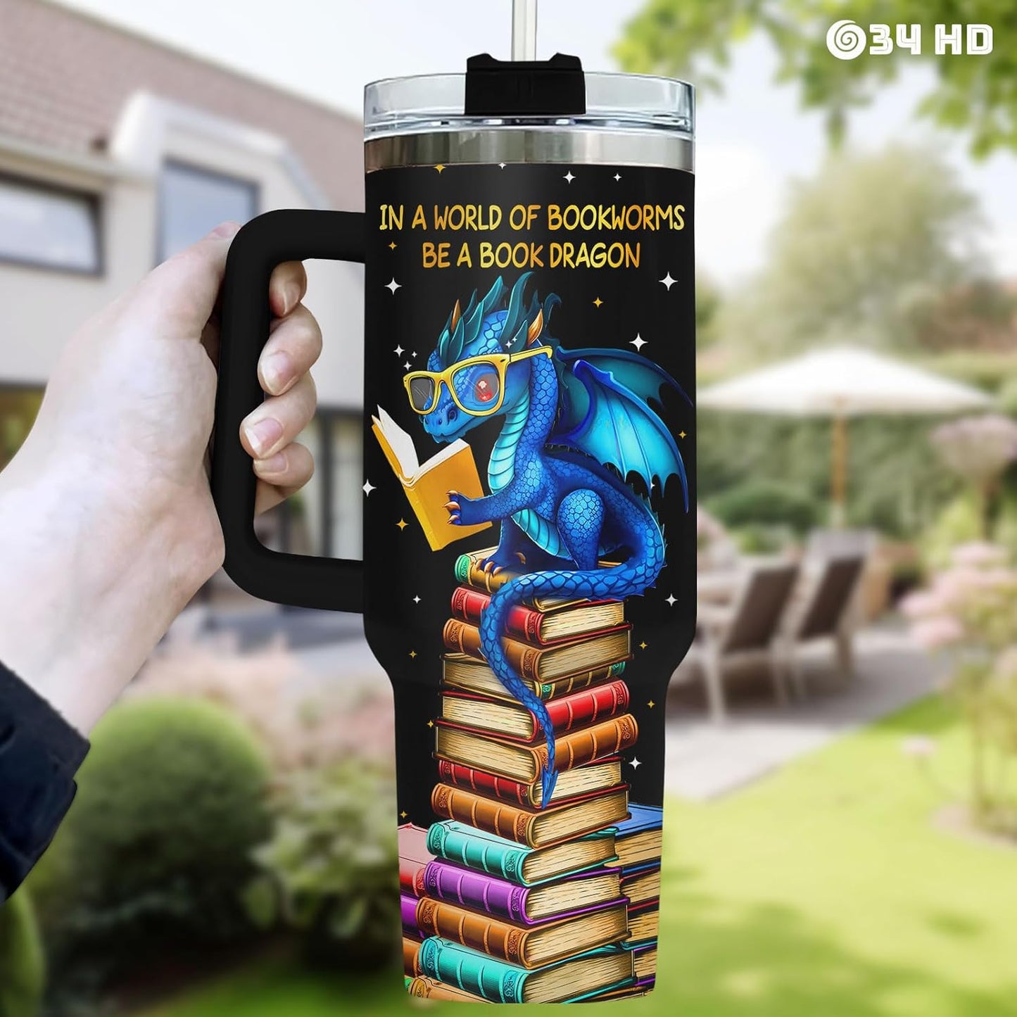 34HD Dragon Reading Books Tumbler 40oz with Handle and Straw, In a World of Bookworms Insulated Travel Coffee Mug, Bookish Items to Men & Women - Birthday Gifts for Book Lovers and Readers