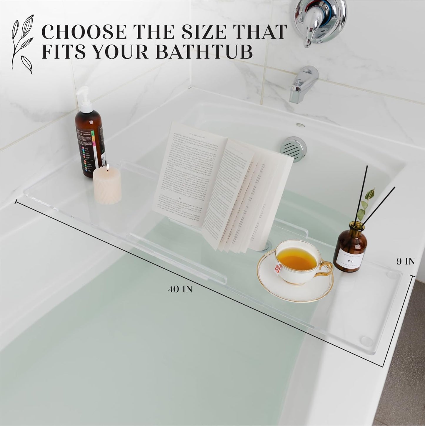 40" Classic-Clear Bathtub Tray Caddy Tub Shelf, Spa Board Luxury Bathroom Bath tub Table, Waterproof Acrylic Tub Caddy Fits Across Bathtub, Book Rack, iPad, Easy To Clean (40")